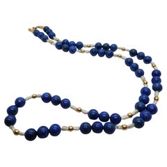 24.5 Inch 8.3mm Lapis Beads, Gold Beads, and Pearl Necklace, 14kt Barrel Clasp