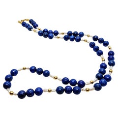 24.5 Inch 8.3mm Lapis Beads, Gold Beads, and Pearl Necklace, 14kt Barrel Clasp
