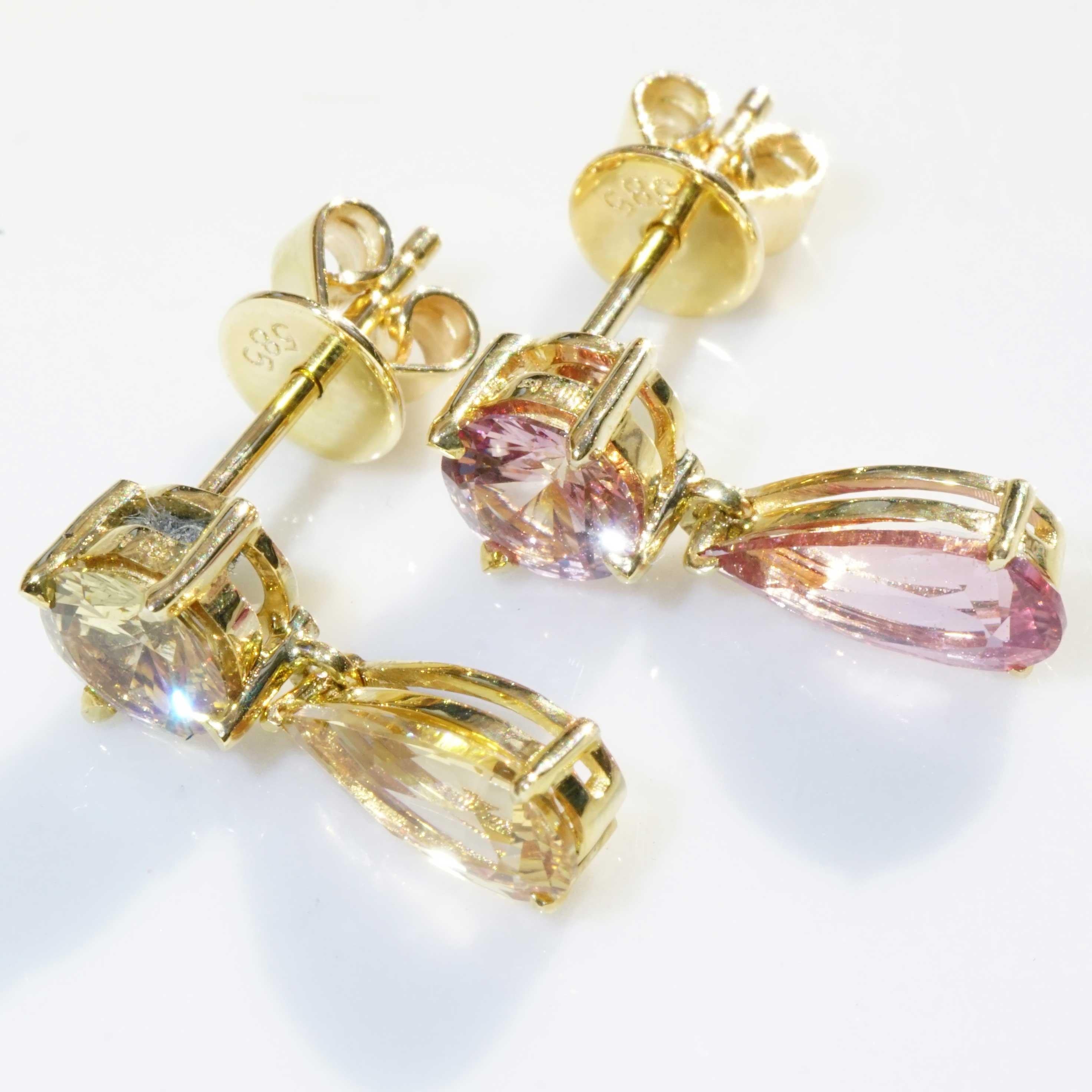 Women's or Men's 2.45 Saphire Earrings purple yellow 14 kt Yellow Gold Ilakaka Mine Madagascar For Sale