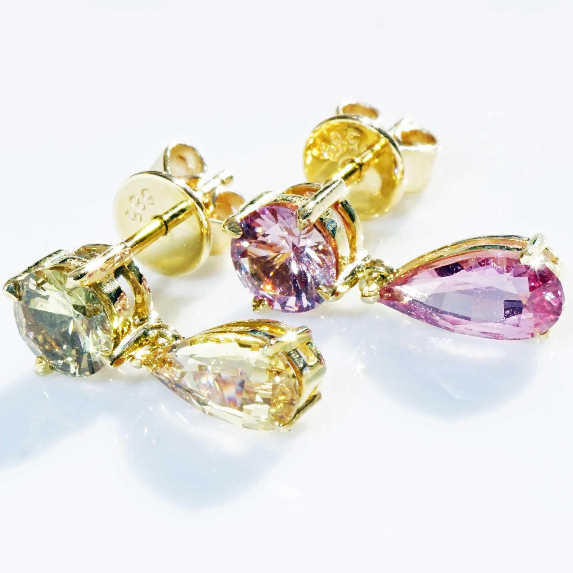 2.45 Saphire Earrings purple yellow 14 kt Yellow Gold Ilakaka Mine Madagascar For Sale 1
