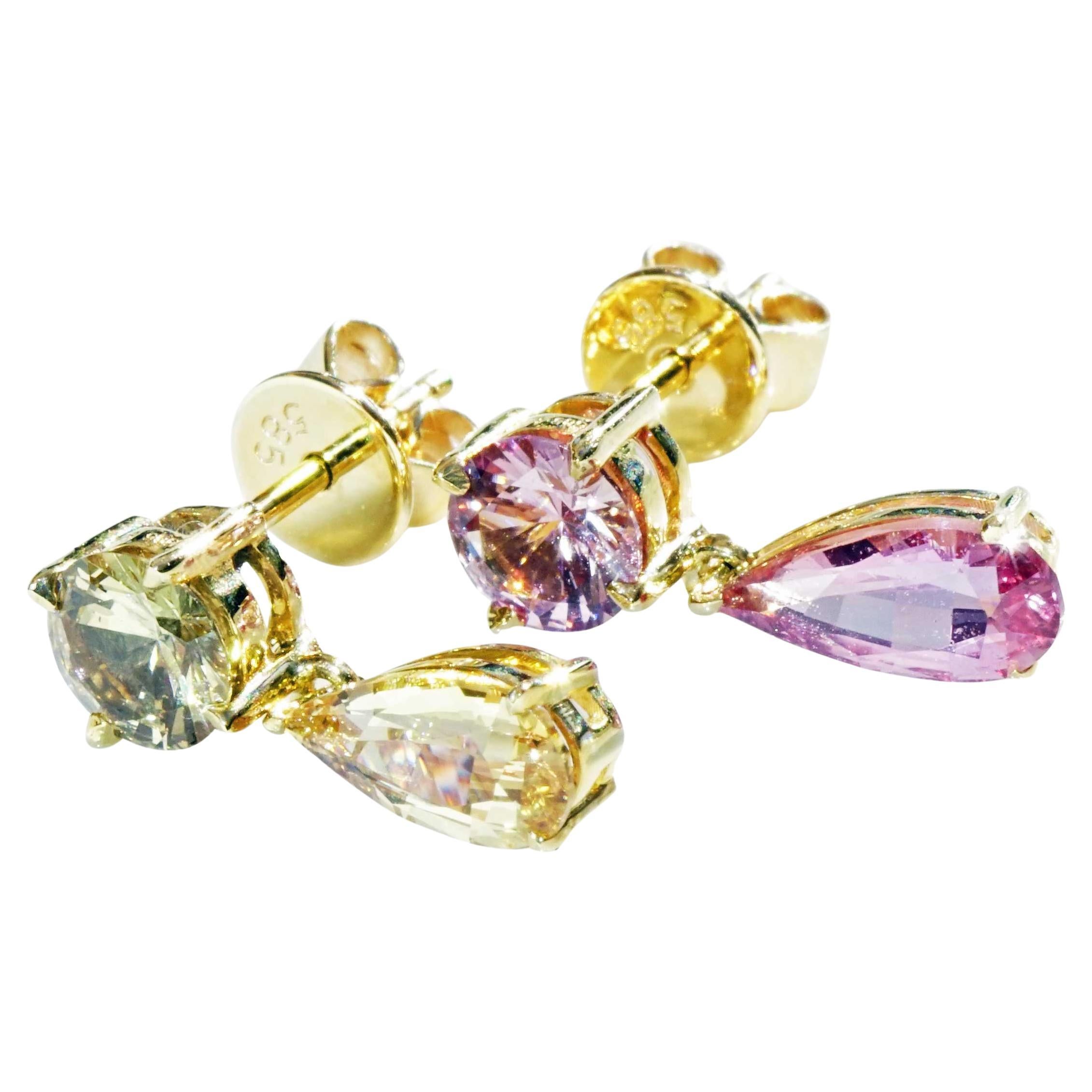 2.45 Pendientes Zafiro amarillo púrpura 14 kt Oro Amarillo Mina Ilakaka Madagascar