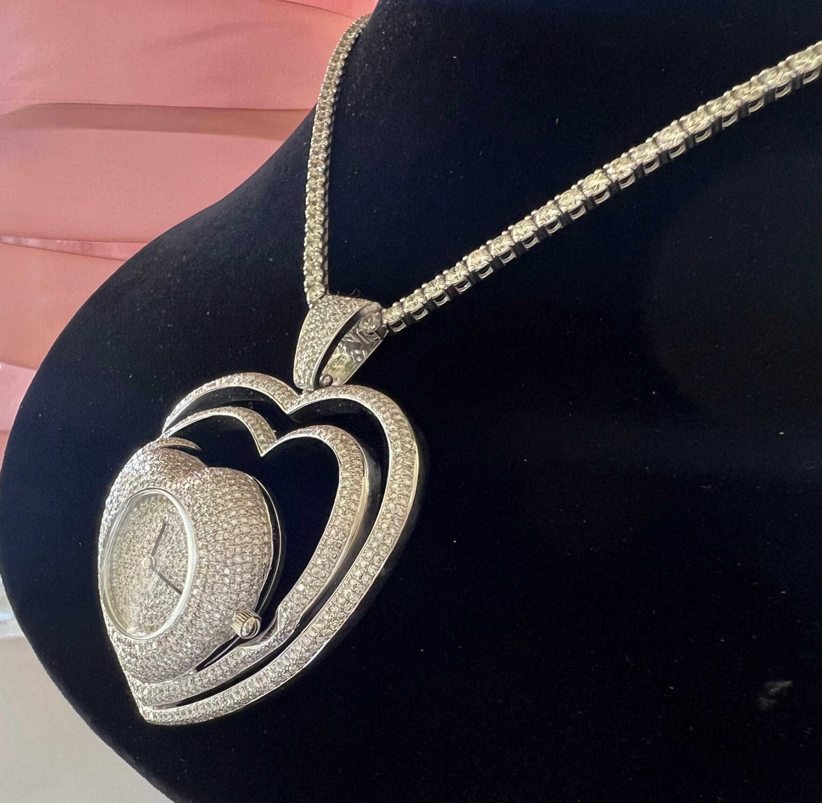 24.50 Carat Pave Diamond Heart Shaped Watch Pendant Necklace on Diamond Chain 6