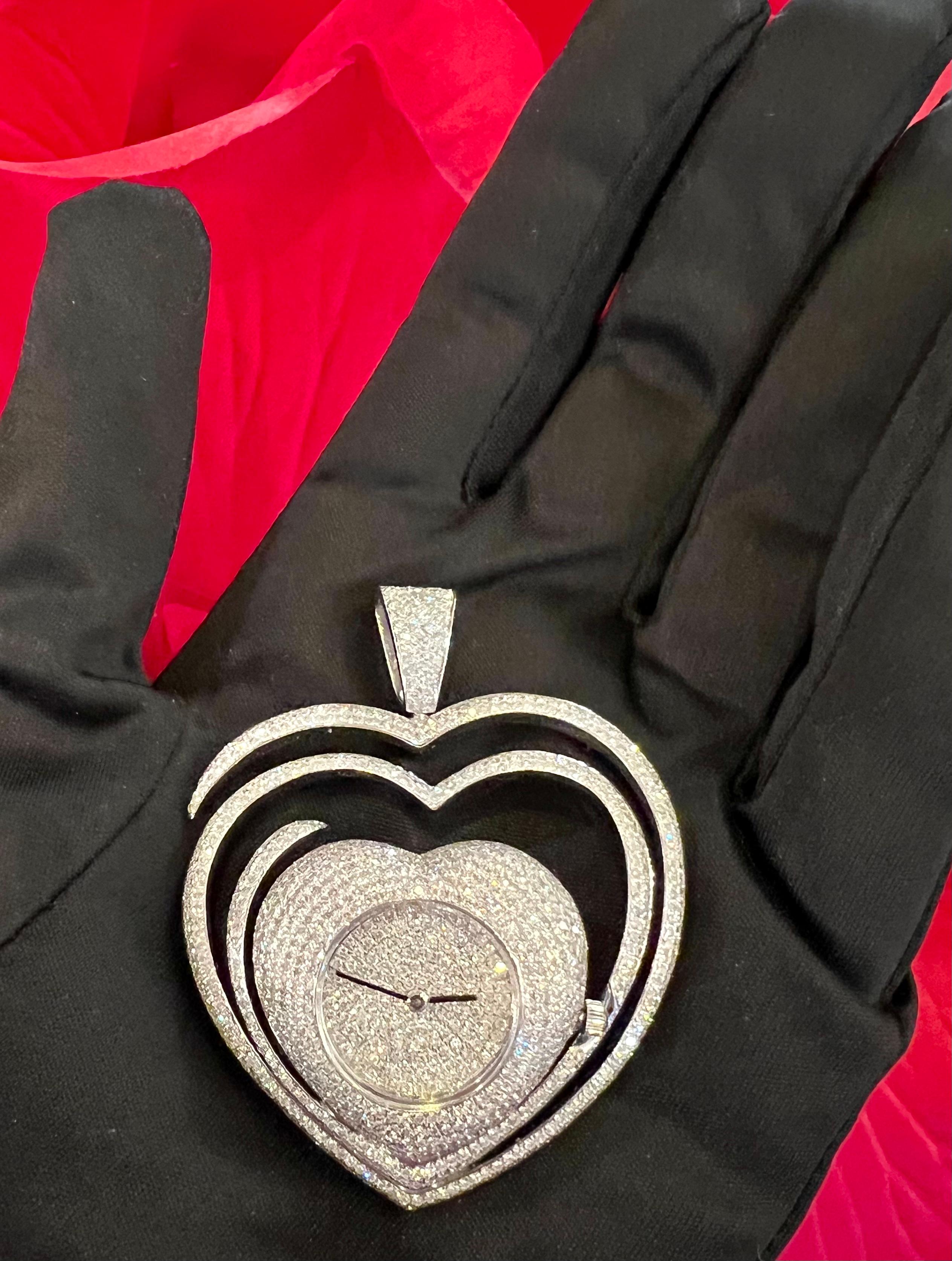 24.50 Carat Pave Diamond Heart Shaped Watch Pendant Necklace on Diamond Chain 8