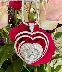 24.50 Carat Pave Diamond Heart Shaped Watch Pendant Necklace on Diamond Chain