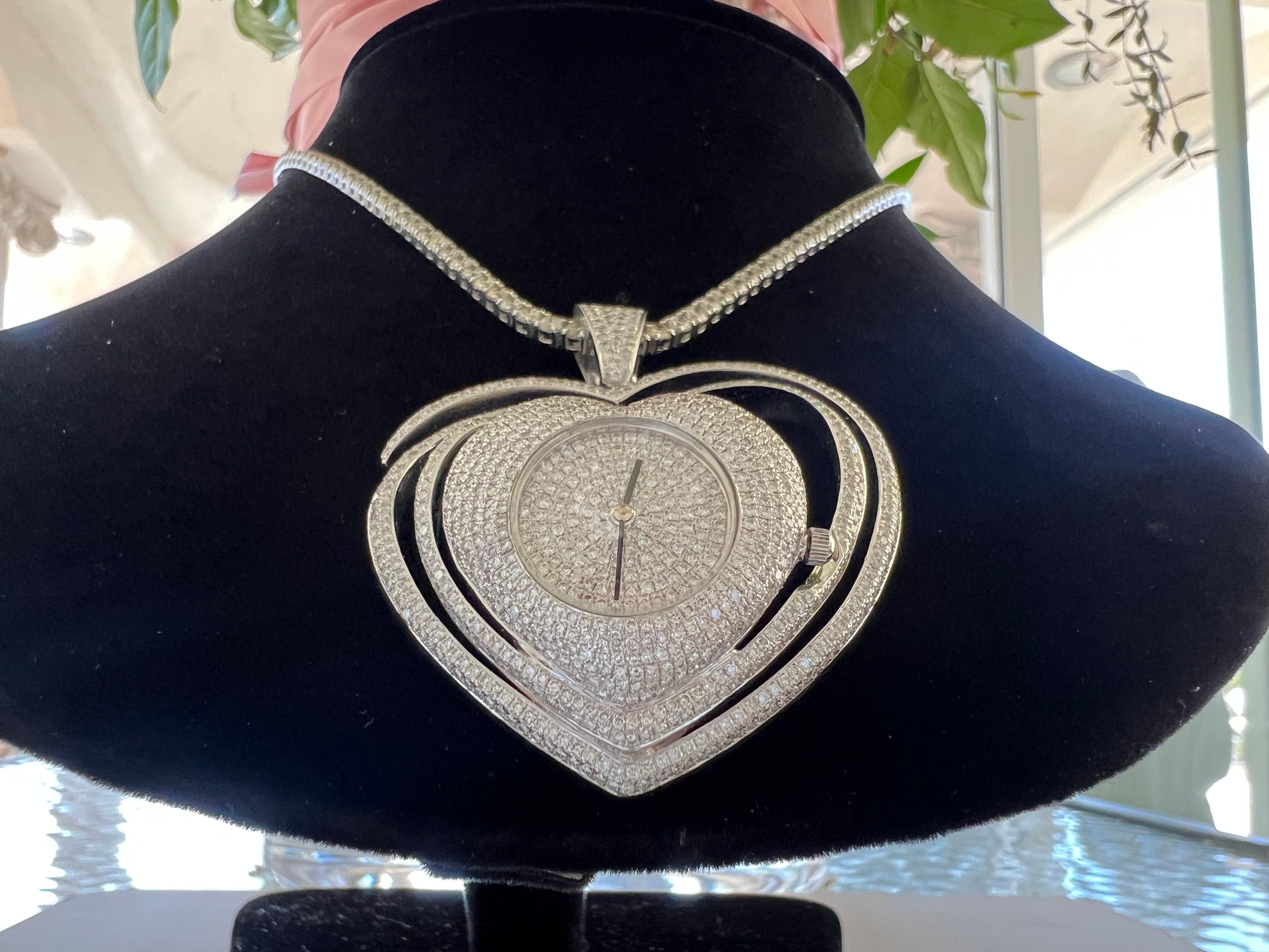 Round Cut 24.50 Carat Pave Diamond Heart Shaped Watch Pendant Necklace on Diamond Chain