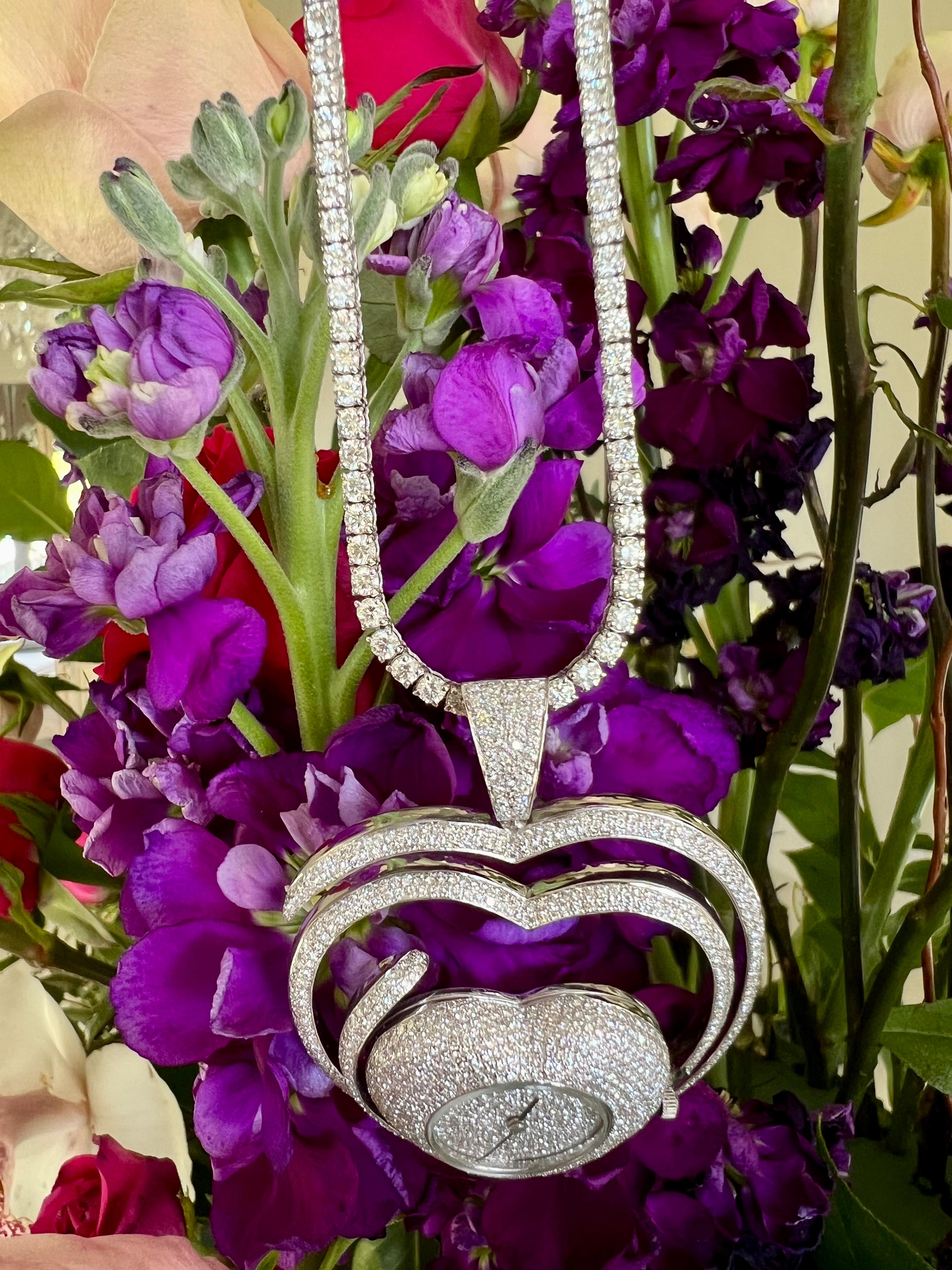 24.50 Carat Pave Diamond Heart Shaped Watch Pendant Necklace on Diamond Chain 3
