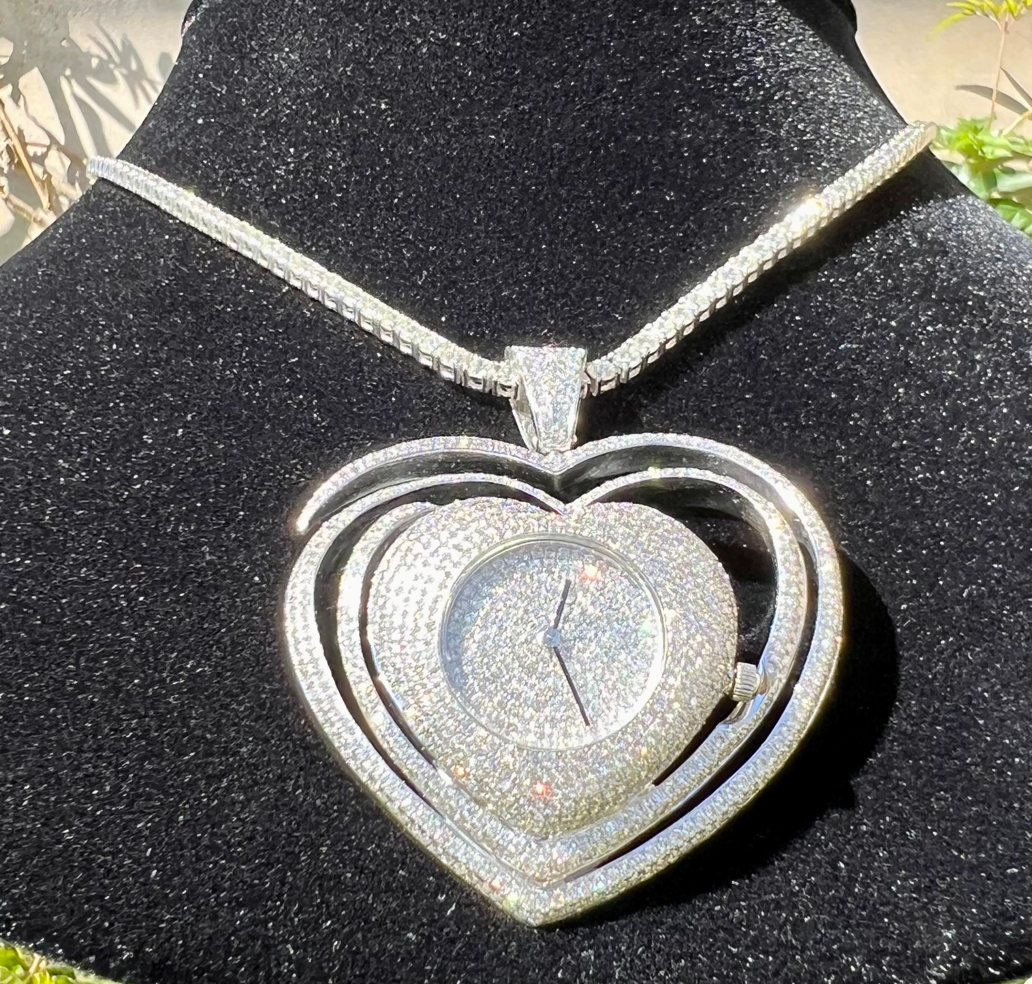 24.50 Carat Pave Diamond Heart Shaped Watch Pendant Necklace on Diamond Chain