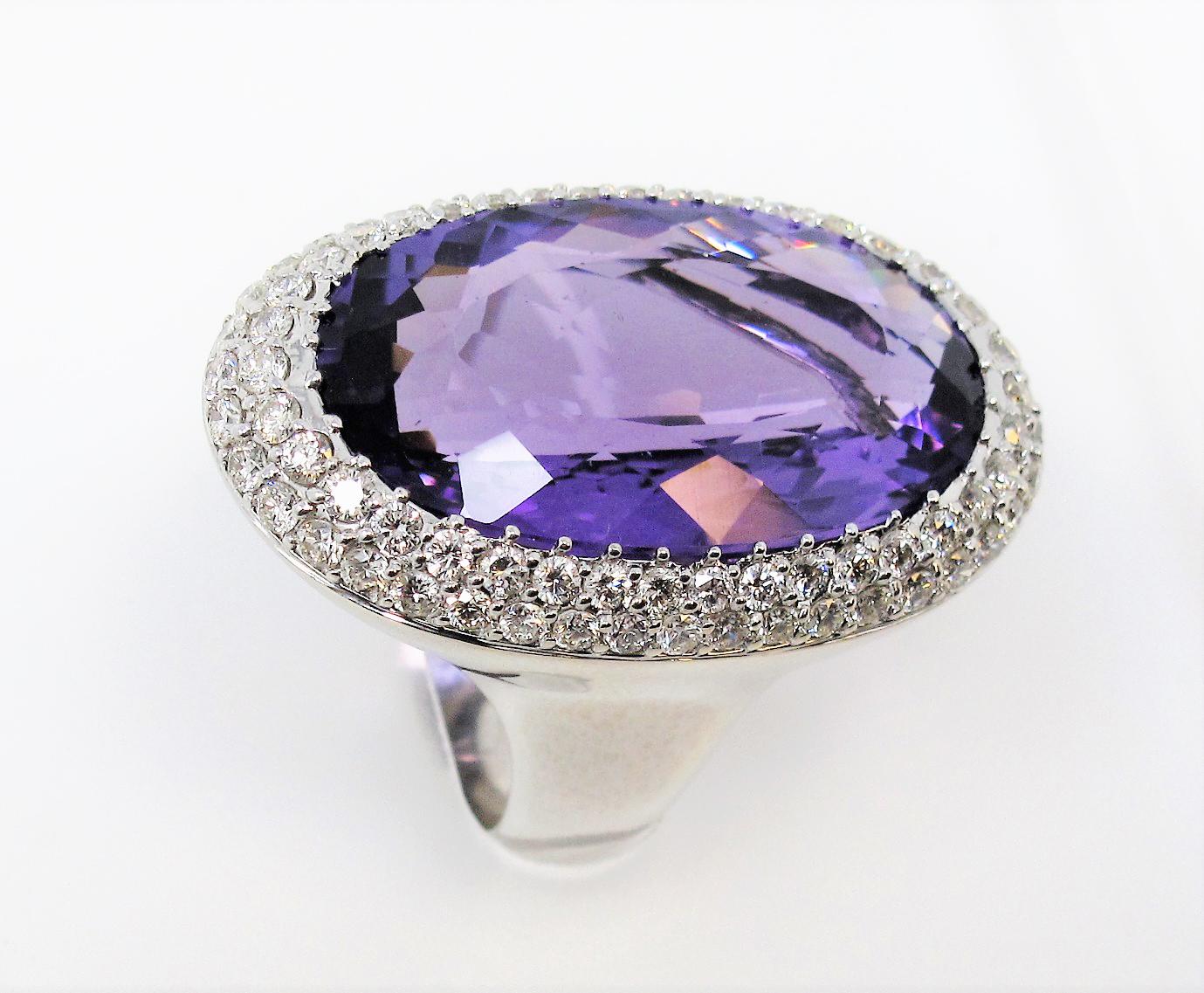 Extra Large Oval Amethyst with Pave Diamond Halo Cocktail Ring in White Gold 4