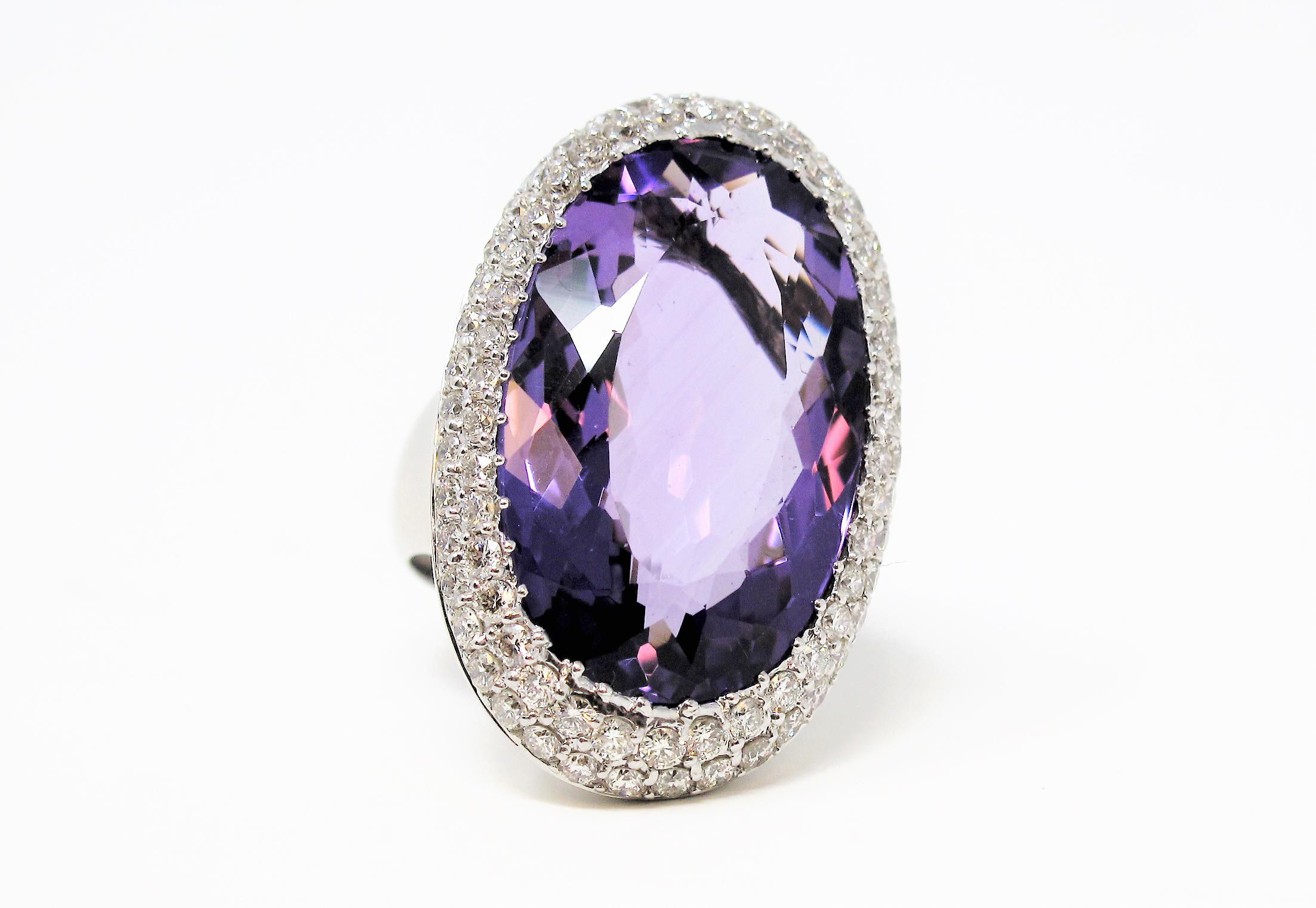 Contemporary Extra Large Oval Amethyst with Pave Diamond Halo Cocktail Ring in White Gold