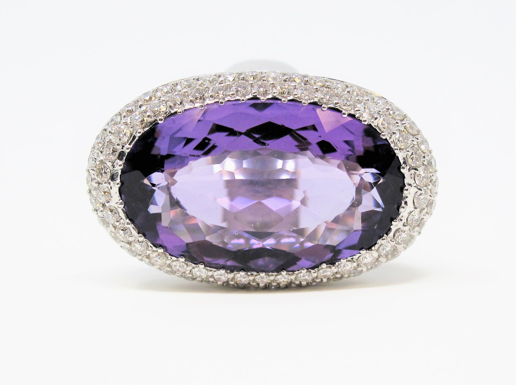 Oval Cut Extra Large Oval Amethyst with Pave Diamond Halo Cocktail Ring in White Gold