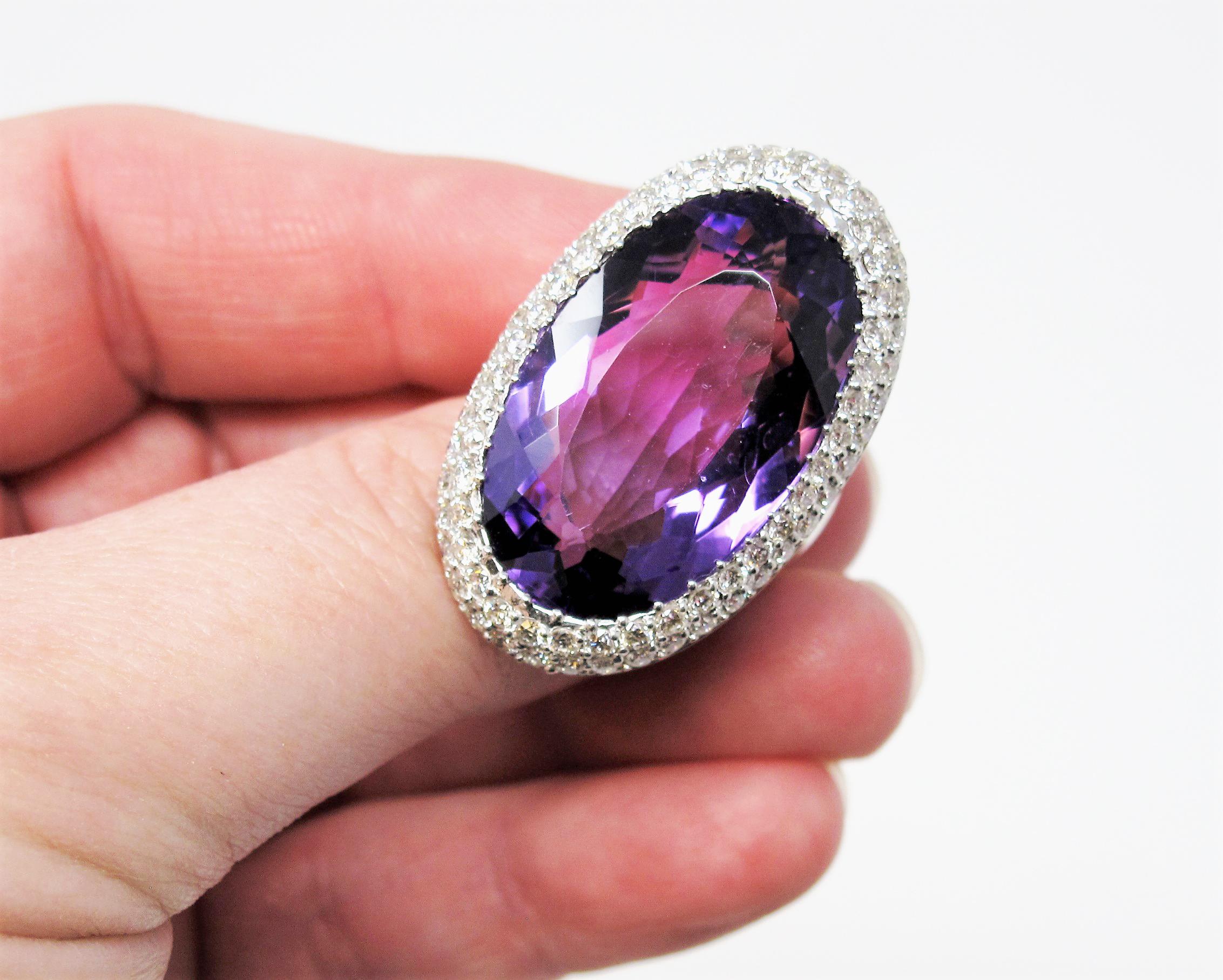 Extra Large Oval Amethyst with Pave Diamond Halo Cocktail Ring in White Gold 1