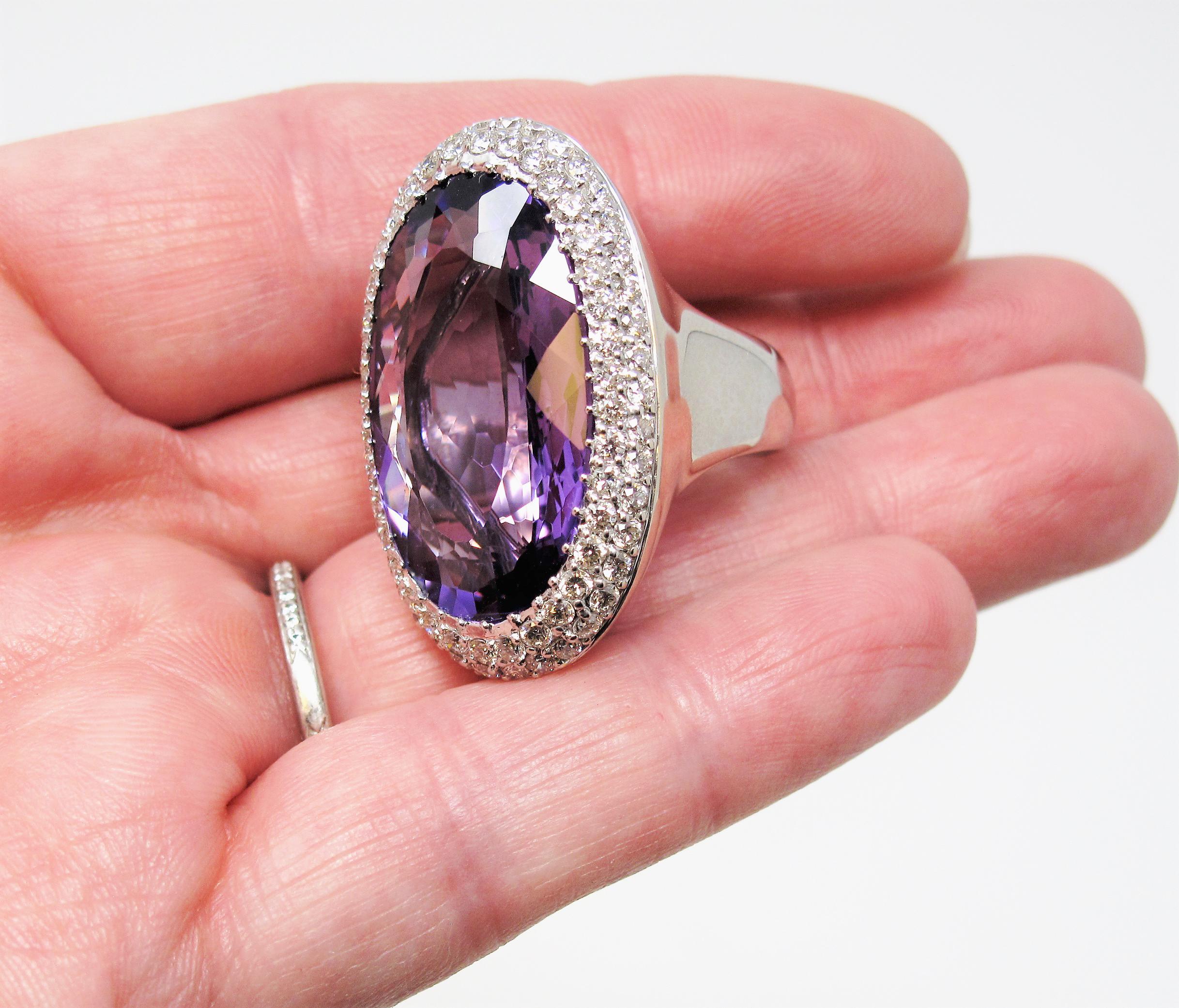 Extra Large Oval Amethyst with Pave Diamond Halo Cocktail Ring in White Gold 2