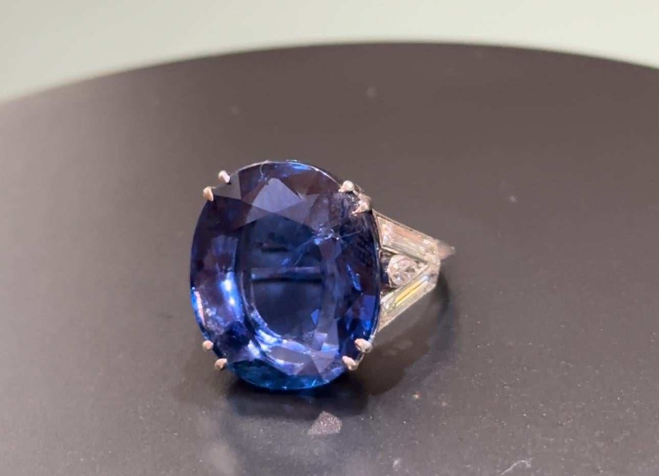 24.54cts Burma no heat Blue Sapphire and Diamond ring in 18k white gold. 

SSEF certified blue sapphire 

Sizable to any size. 