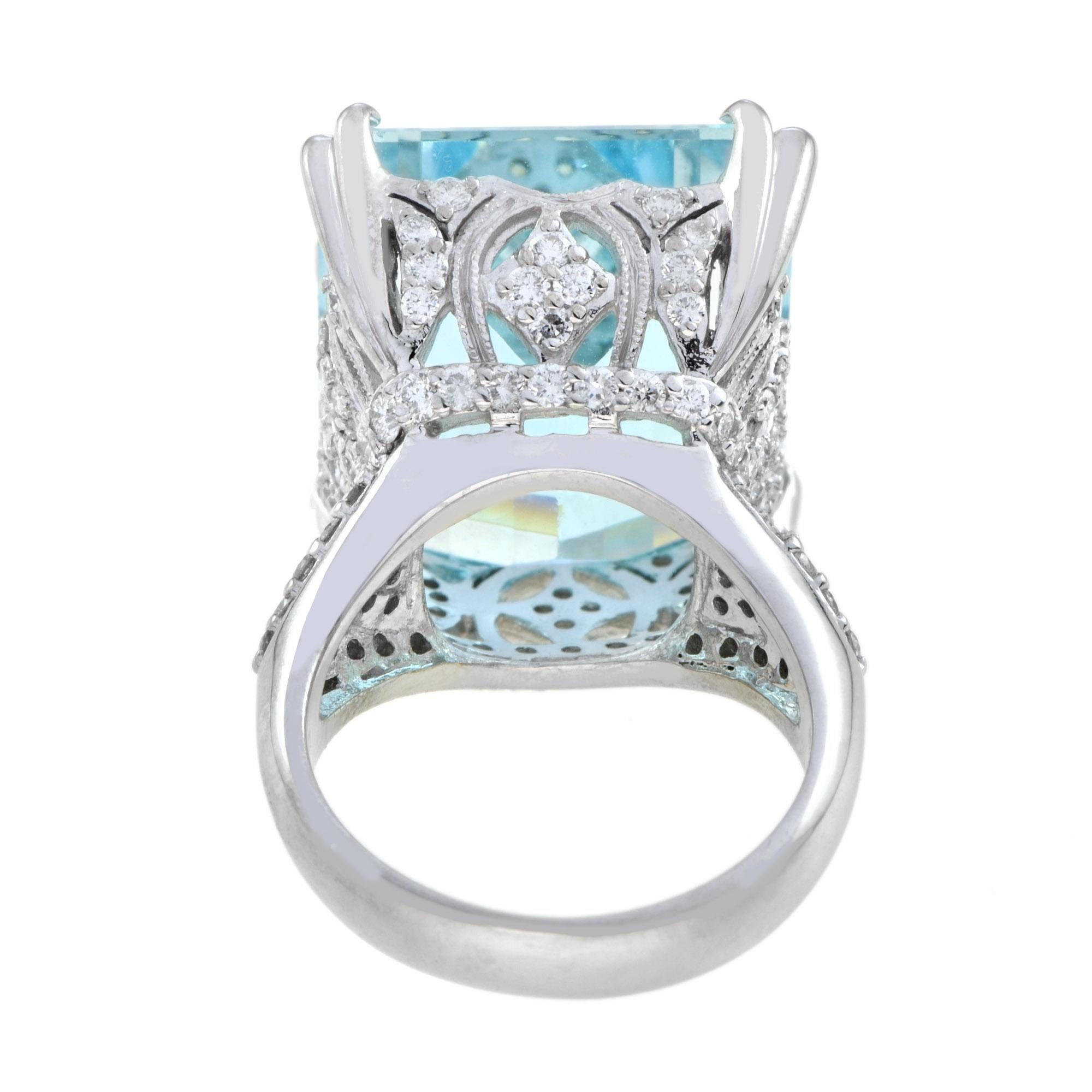 24.55 CT. Cert Blue Octagon Aquamarine & Diamond Cocktail 18K White Gold Ring Corte esmeralda en venta