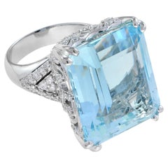 24.55 CT. Cert Blue Octagon Aquamarine & Diamond Cocktail 18K White Gold Ring
