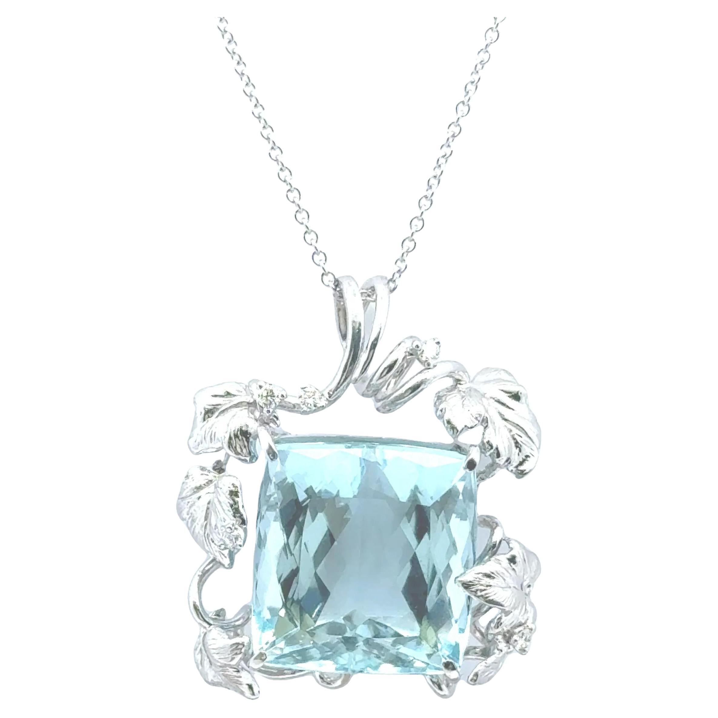 Collar Colgante Oro Blanco 18k Diamante Aguamarina 24,56 Quilates