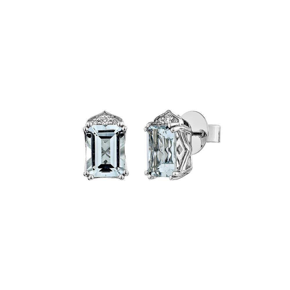 Octagon Cut 2.457 Carat Aquamarine Stud Earrings in 18Karat White Gold with White Diamond. For Sale
