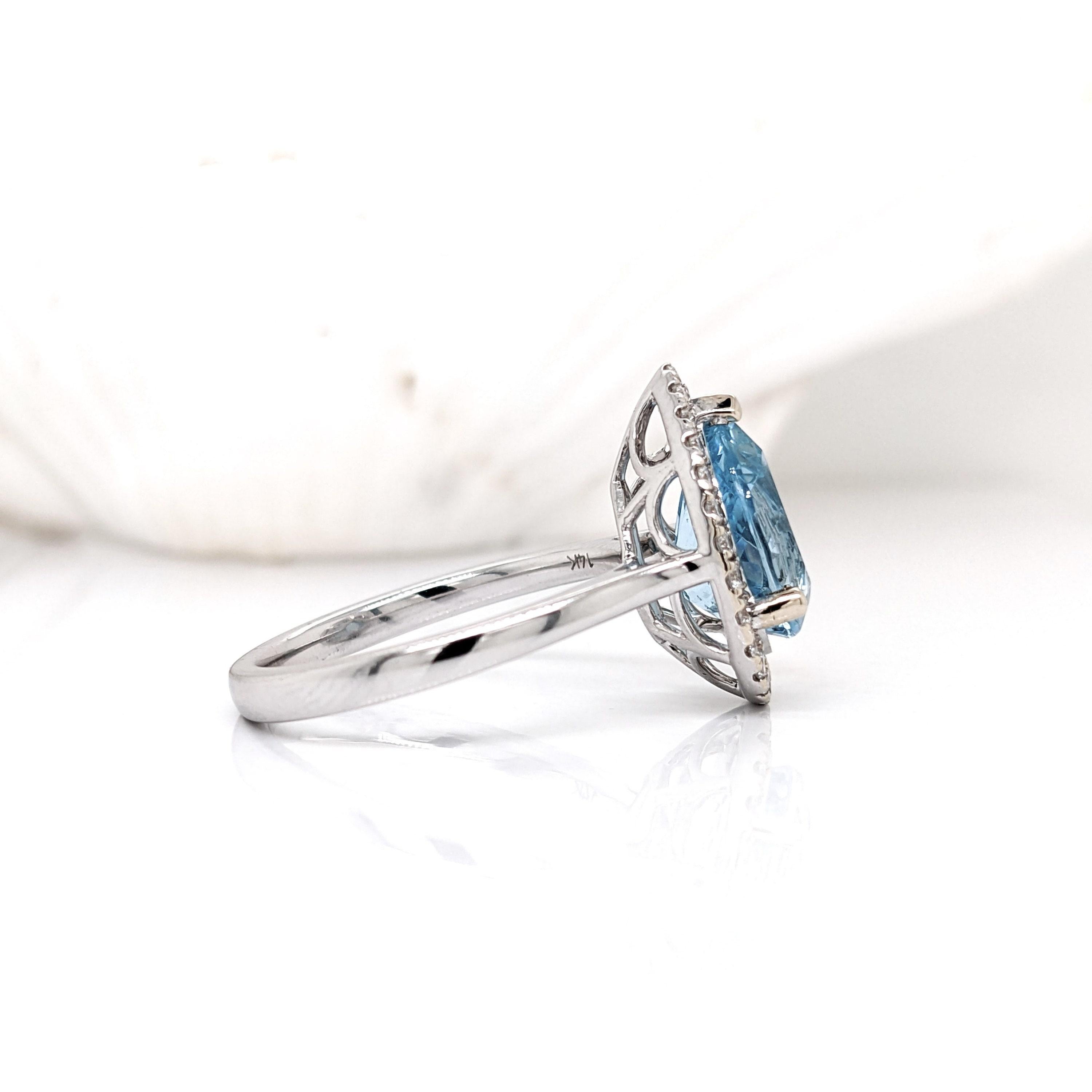 Modernist 2.45ct Aquamarine Ring w Diamond Halo in Solid 14K White Gold Pear 11x8mm For Sale