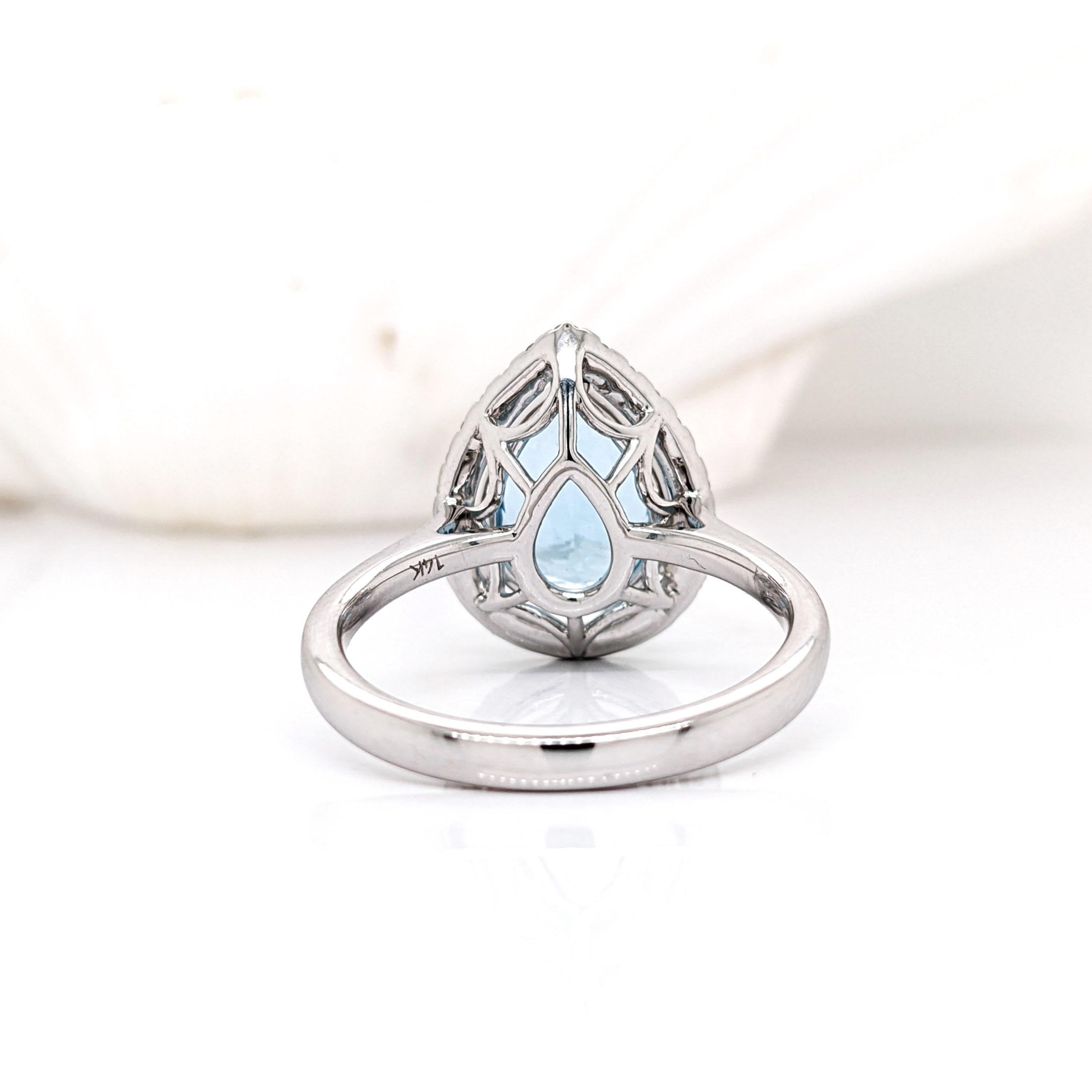 Pear Cut 2.45ct Aquamarine Ring w Diamond Halo in Solid 14K White Gold Pear 11x8mm For Sale