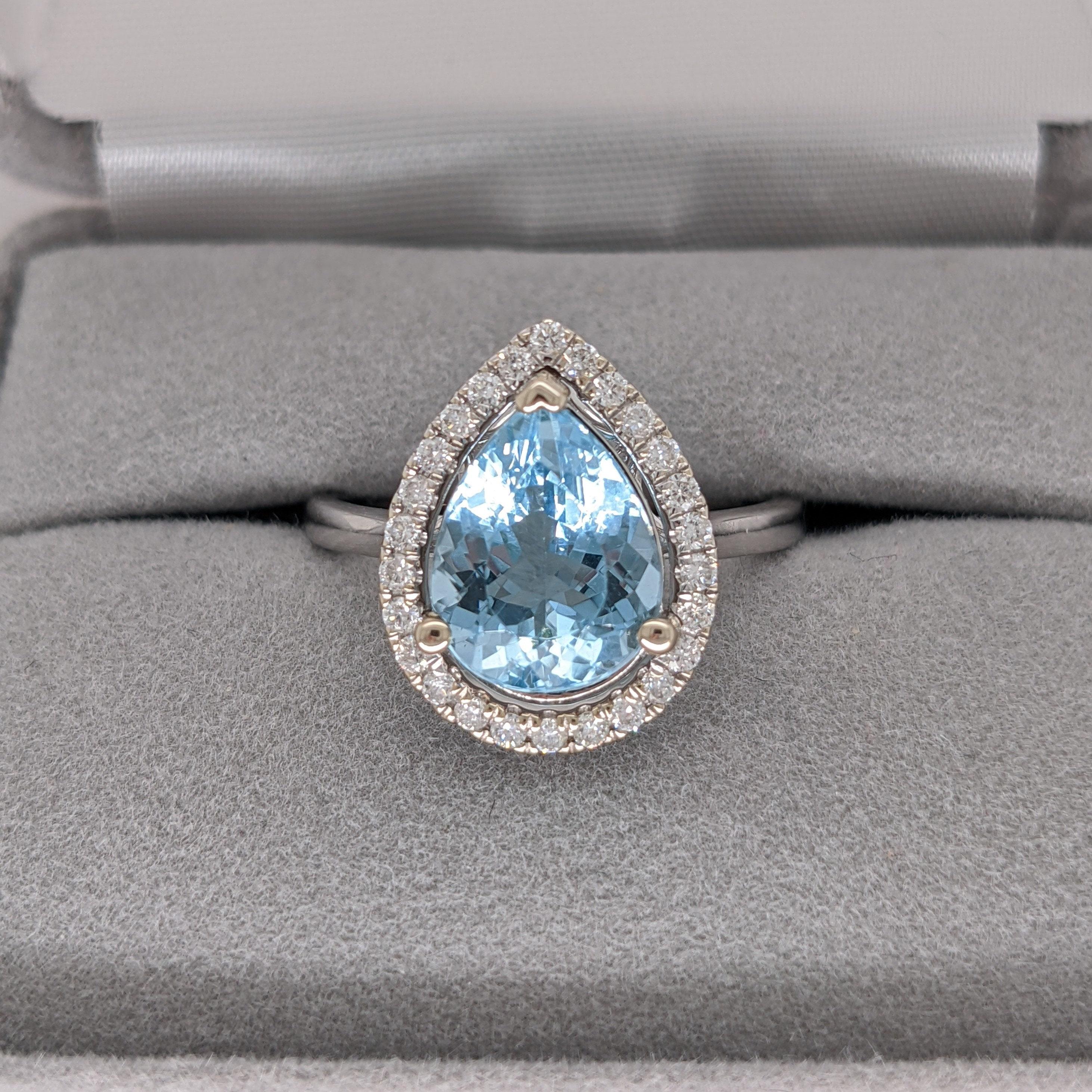 2.45ct Aquamarine Ring w Diamond Halo in Solid 14K White Gold Pear 11x8mm For Sale 1