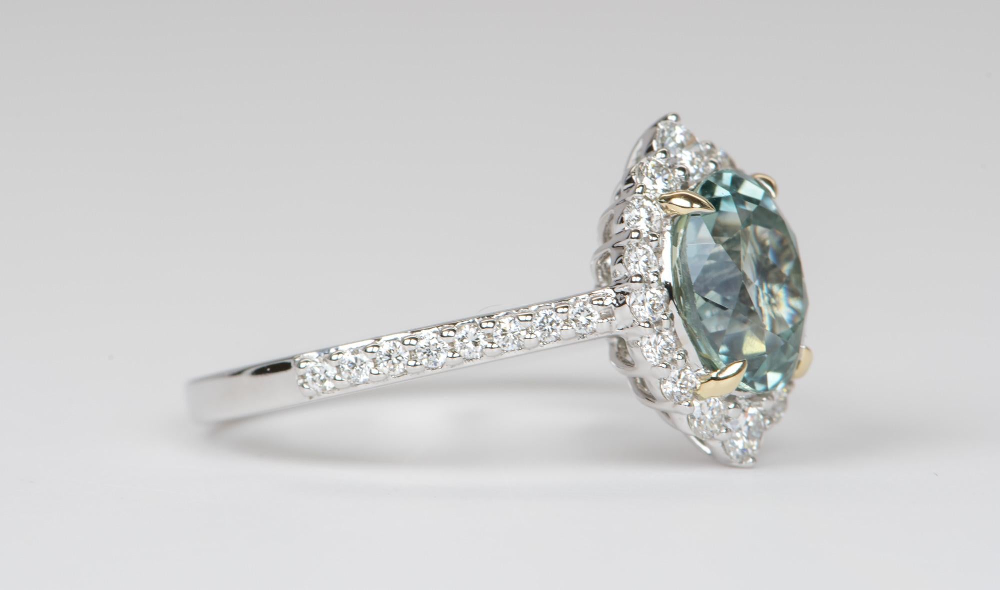 Oval Cut 2.45ct Blue Green Montana Sapphire Diamond Halo 14K White Gold Engagement Ring