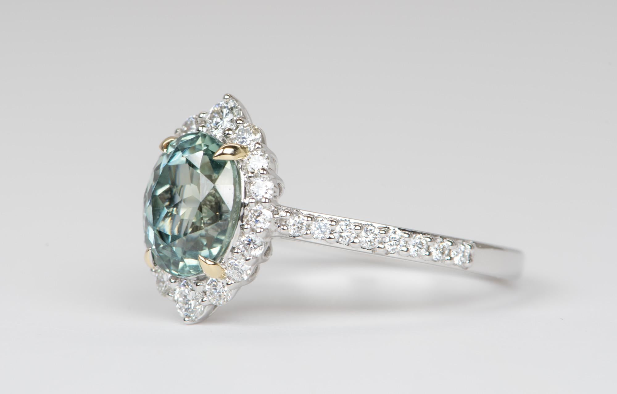 2.45ct Blue Green Montana Sapphire Diamond Halo 14K White Gold Engagement Ring In New Condition In Osprey, FL