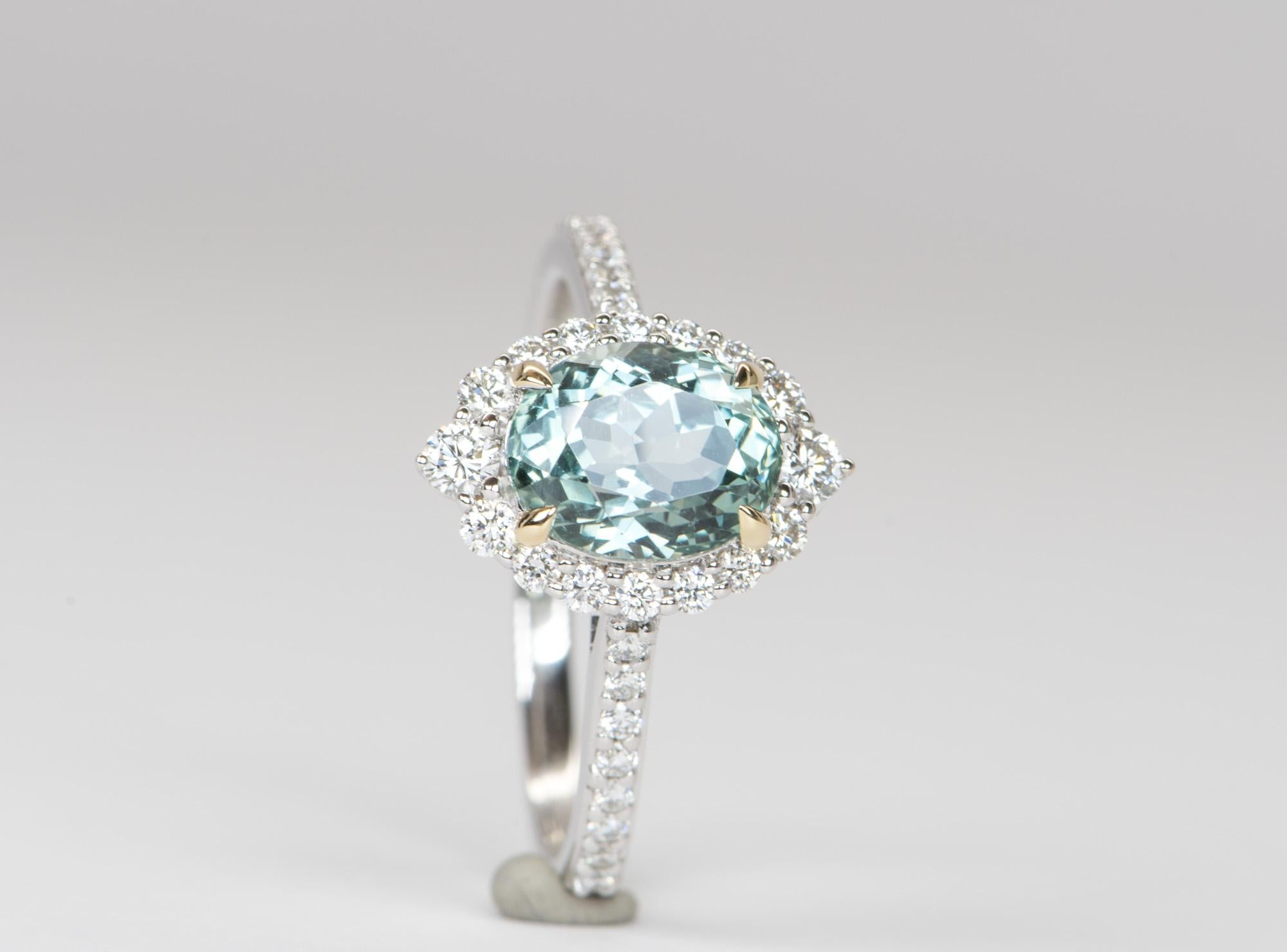 Women's or Men's 2.45ct Blue Green Montana Sapphire Diamond Halo 14K White Gold Engagement Ring