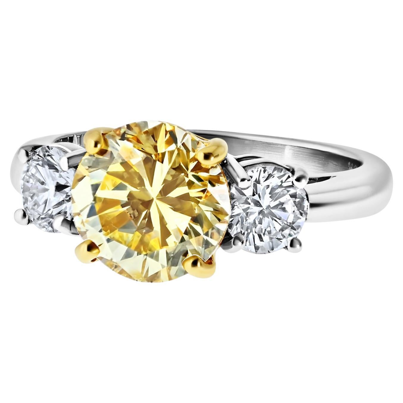 2.45ct Fancy Yellow Round Cut Three Stone Diamond Engagement Ring