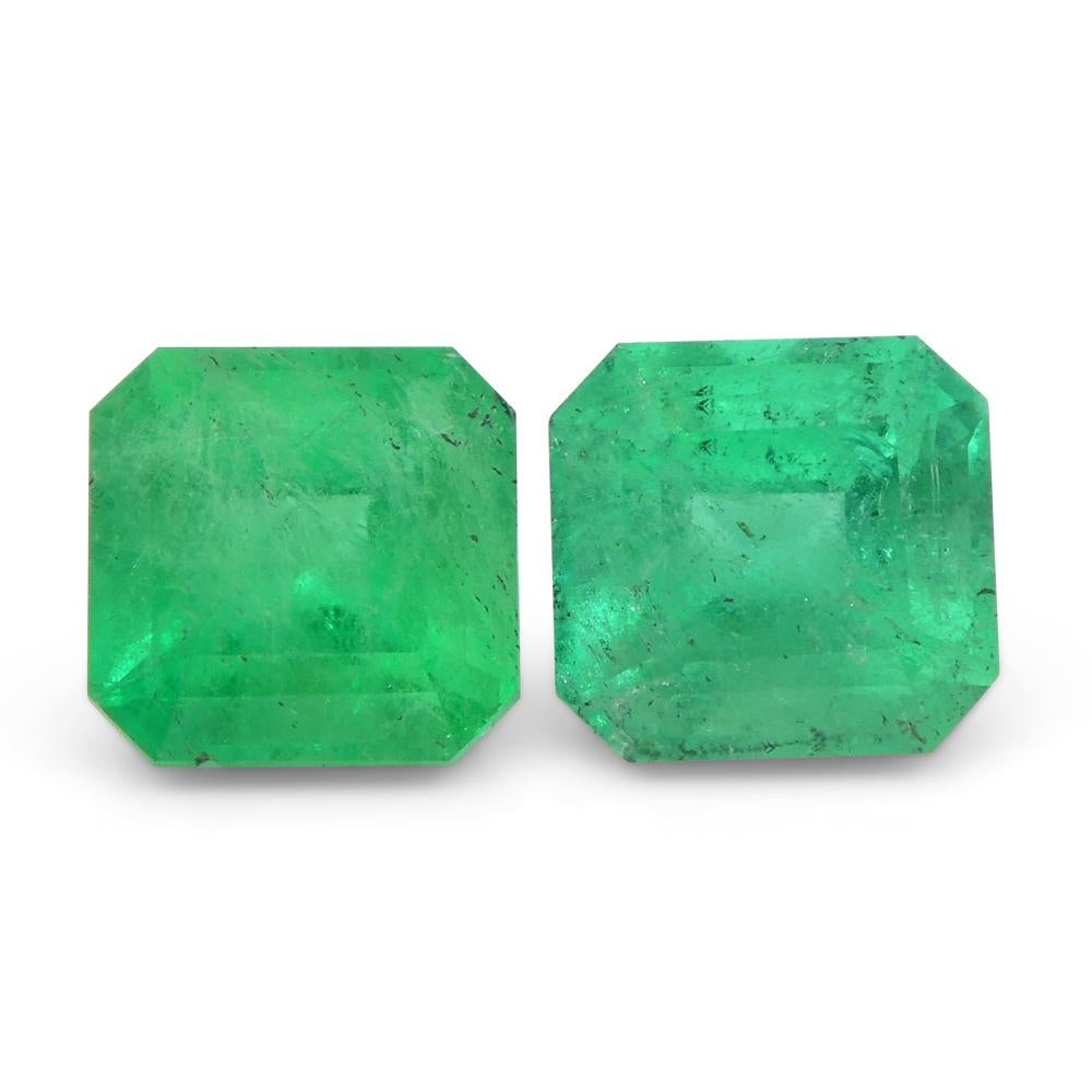 Description:

Gem Type: Emerald 
Number of Stones: 2
Weight: 2.45 cts
Measurements: 6.19 x 6.05 x 4.68 mm and 6.39 x 6.06 x 4.98 mm
Shape: Square
Cutting Style Crown: Step Cut
Cutting Style Pavilion: Step Cut 
Transparency: Transparent
Clarity: