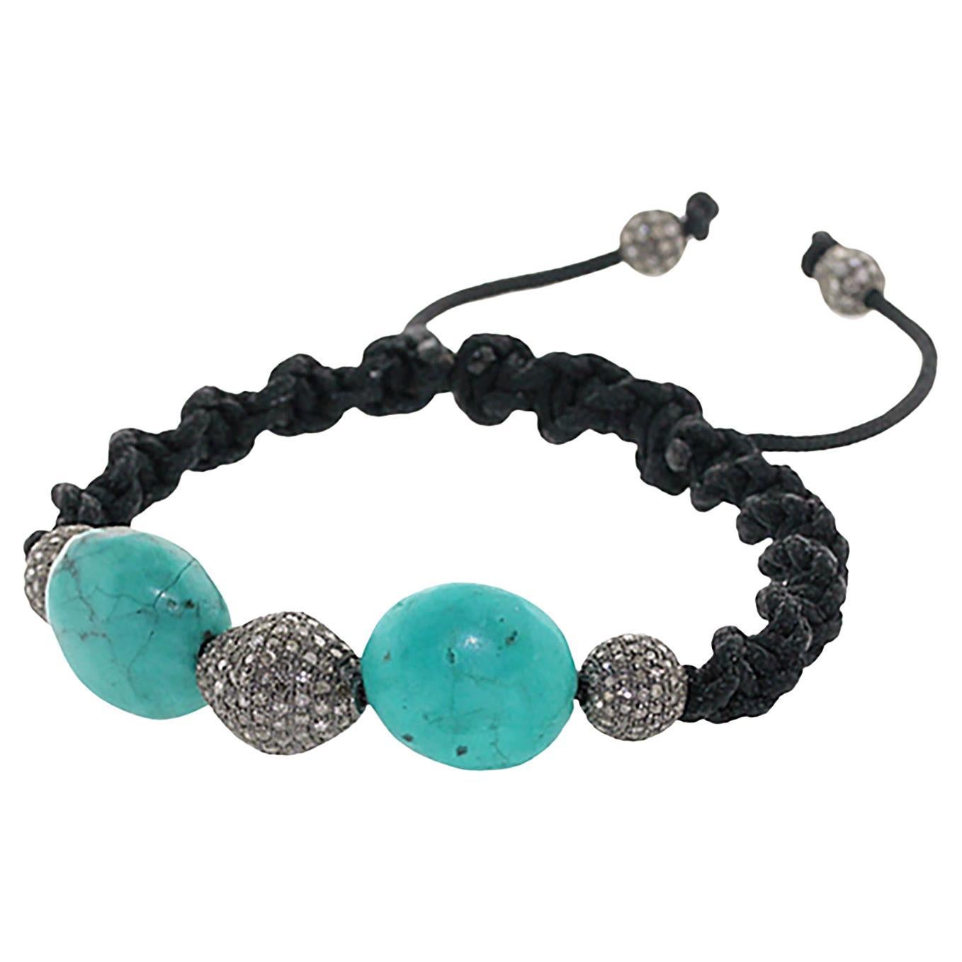 24.5ct Turquoise 
Pave Diamond Bead Macramé Cord Handmade Bracelet For Sale