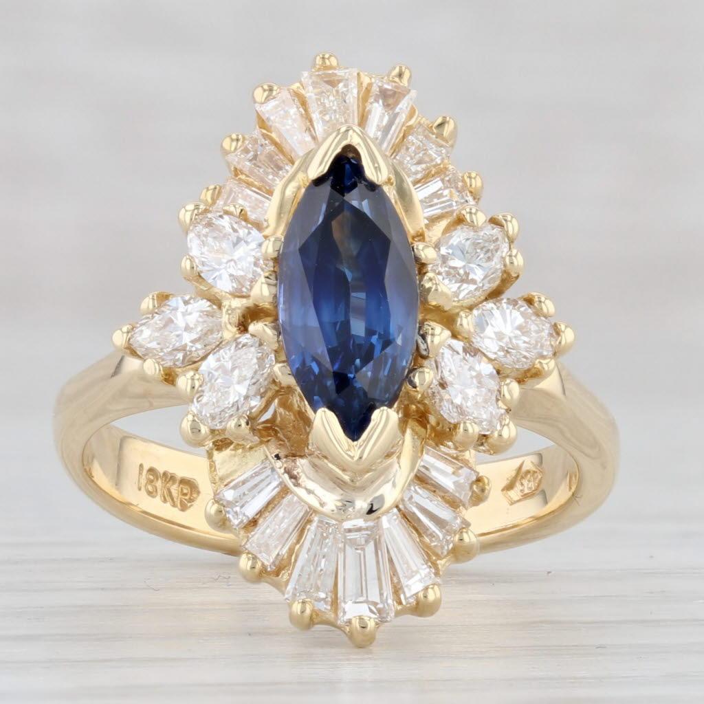 Marquise Cut 2.45ctw Marquise Blue Sapphire Diamond Halo Ring 18k Yellow Gold Size 5.75 For Sale