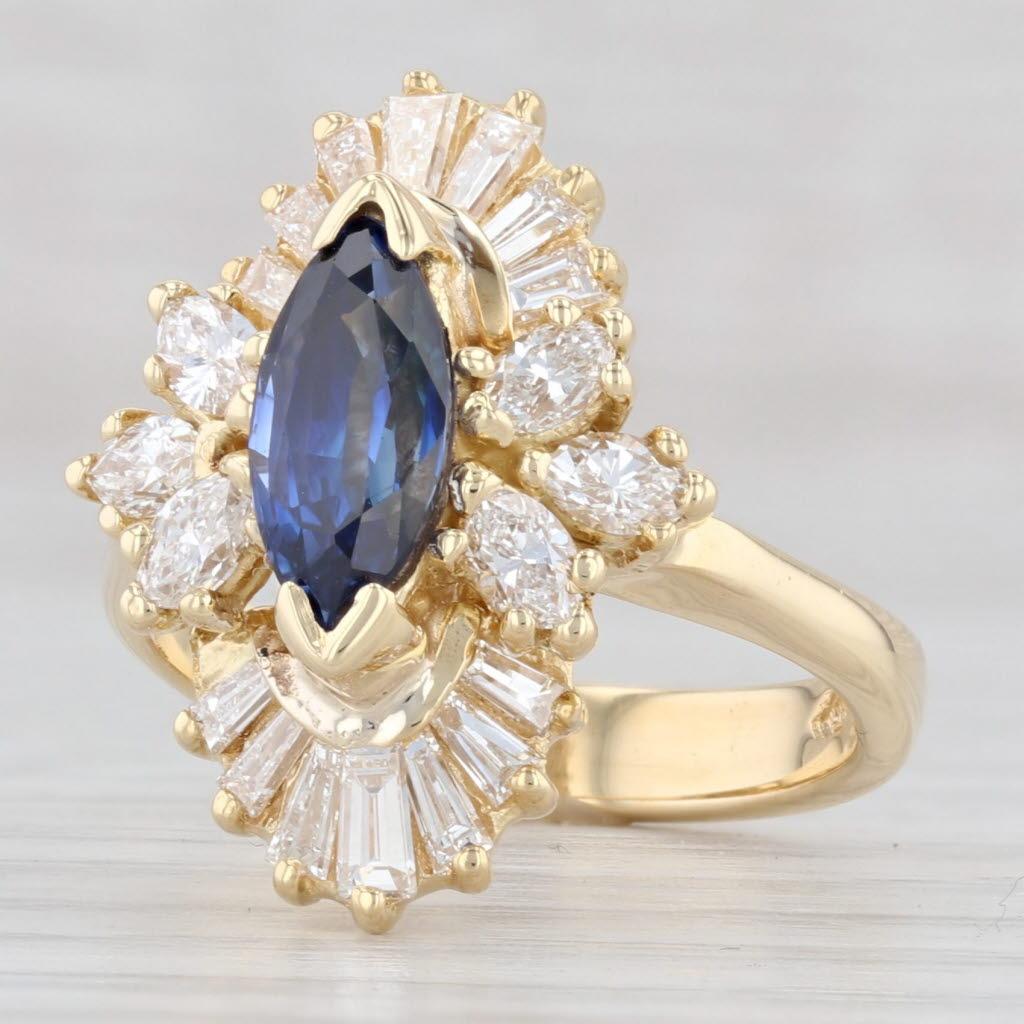 2.45ctw Marquise Blue Sapphire Diamond Halo Ring 18k Yellow Gold Size 5.75 For Sale 1