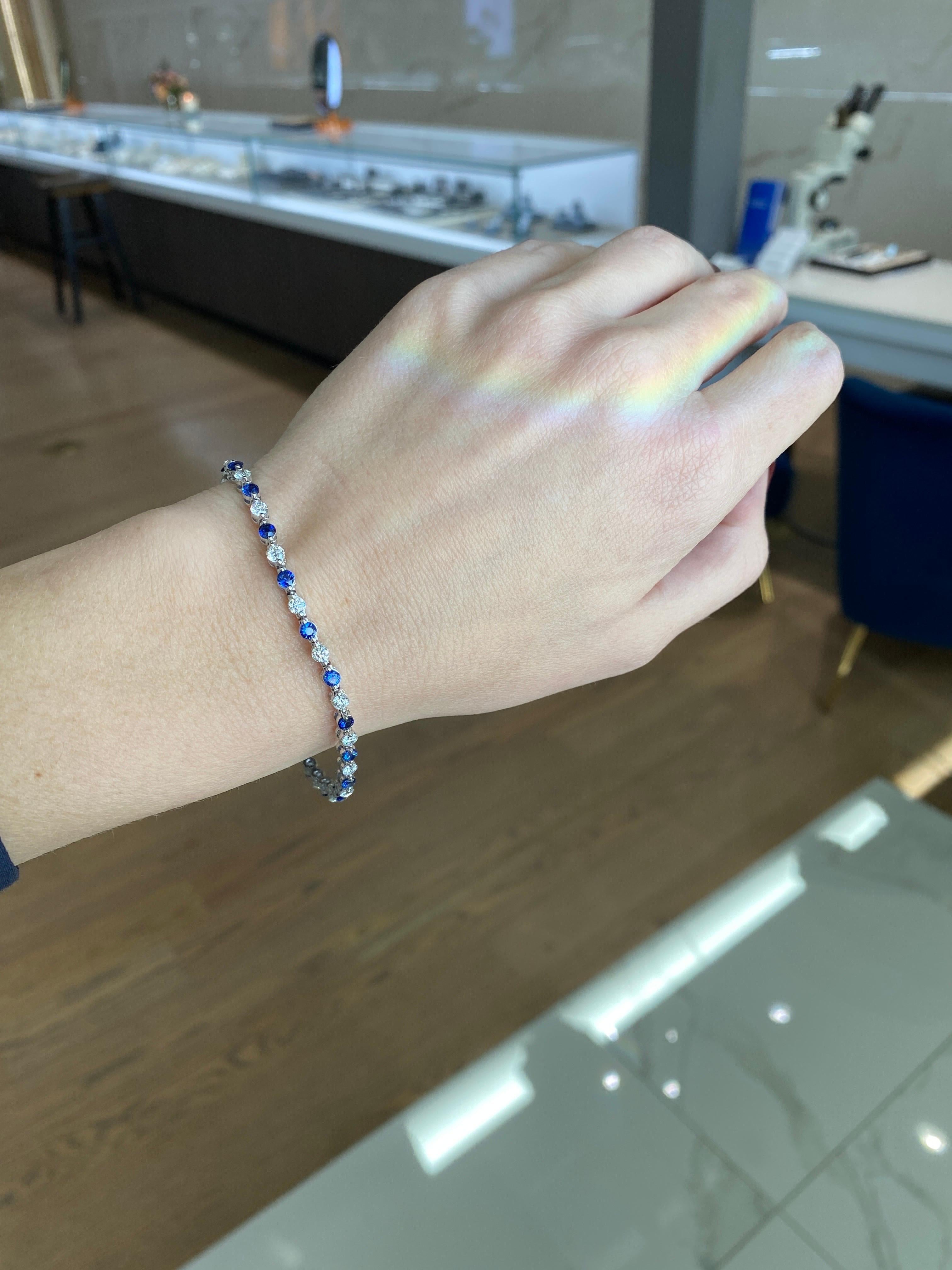 2.45ctw Round Natural Blue Sapphires & 2.01ctw Round Diamonds Line Bracelet For Sale 3