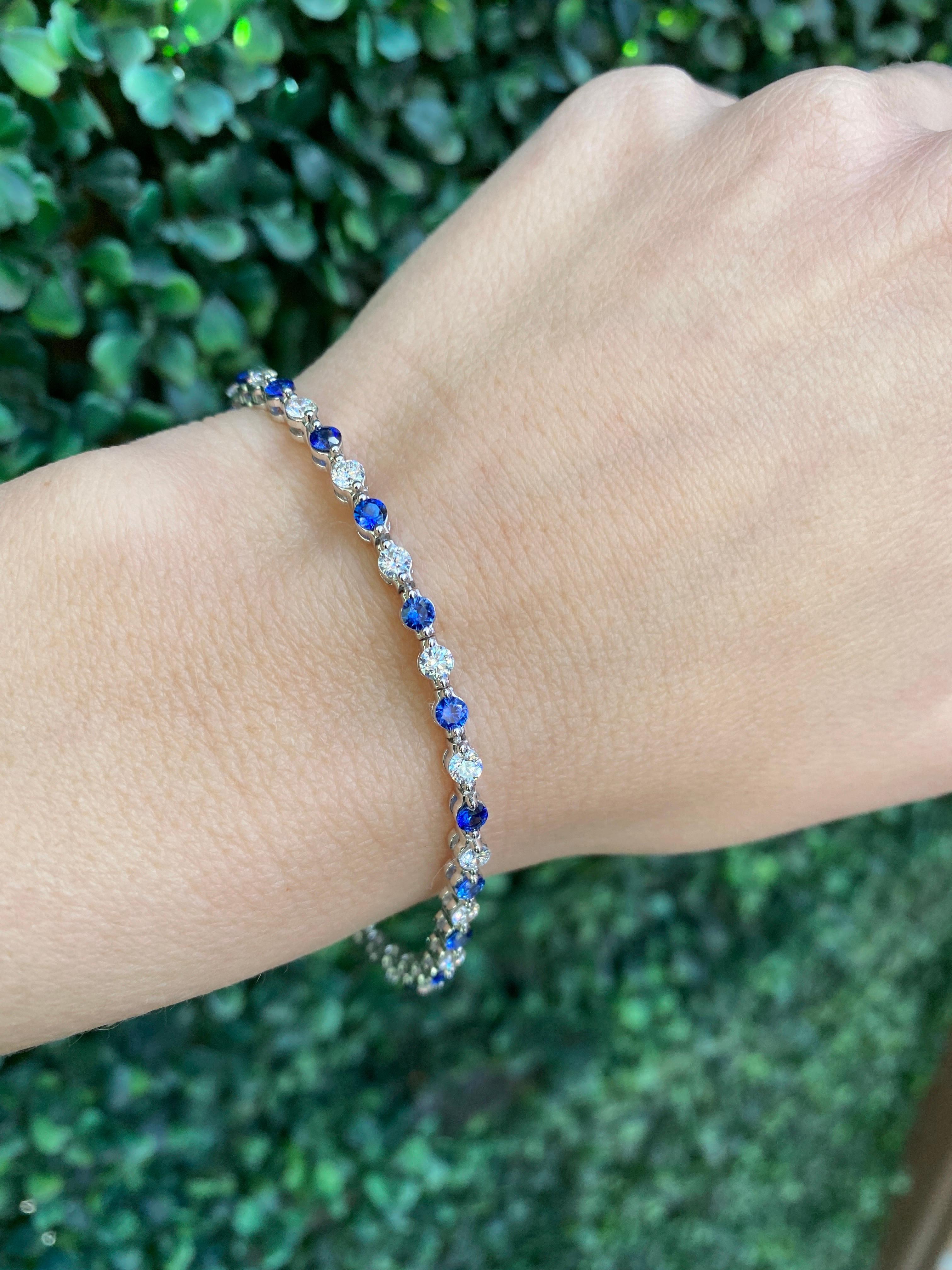 2.45ctw Round Natural Blue Sapphires & 2.01ctw Round Diamonds Line Bracelet For Sale 4