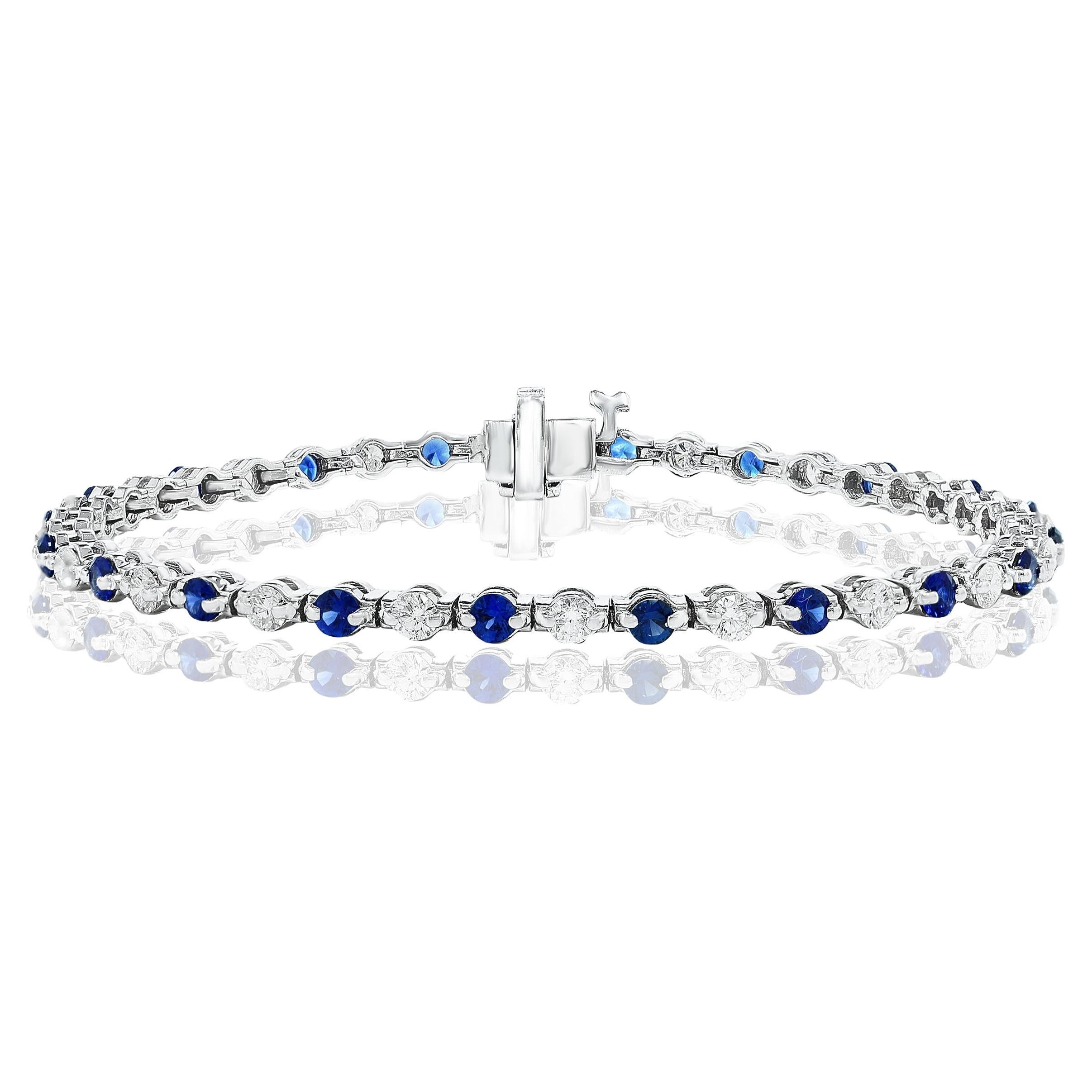 2.45ctw Round Natural Blue Sapphires & 2.01ctw Round Diamonds Line Bracelet For Sale