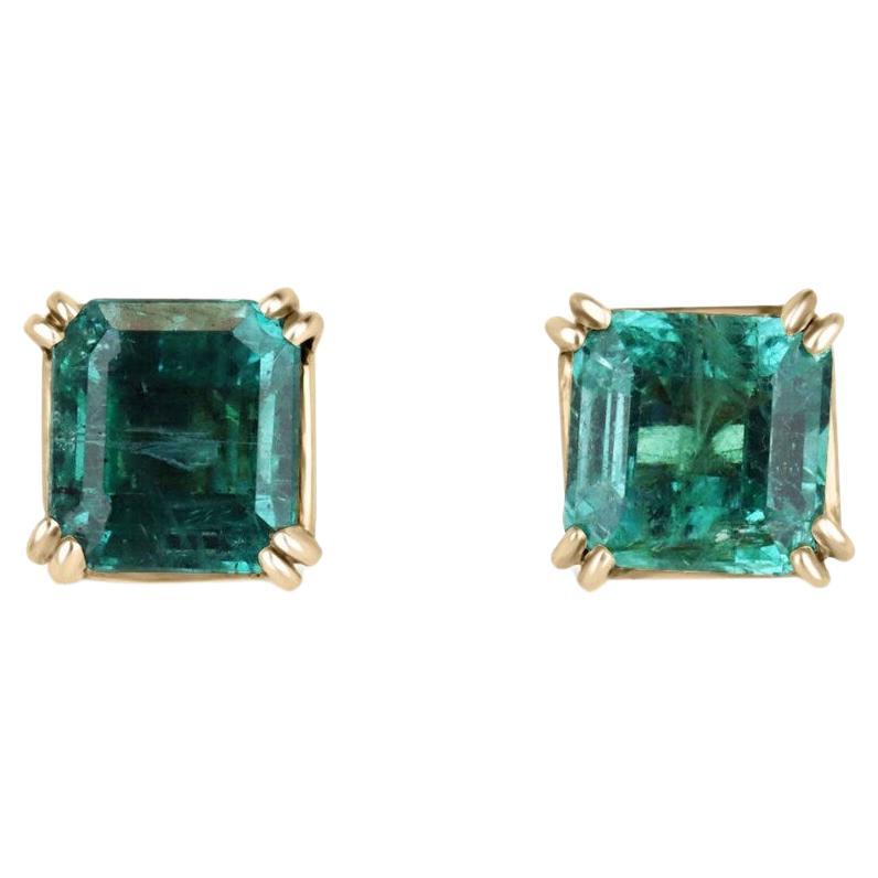 2.45tcw 14K Asscher Cut Emerald Stud Earrings Deep Green Double Claw Prong Set