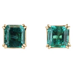 2.45tcw 14K Asscher Cut Emerald Stud Earrings Deep Green Double Claw Prong Set