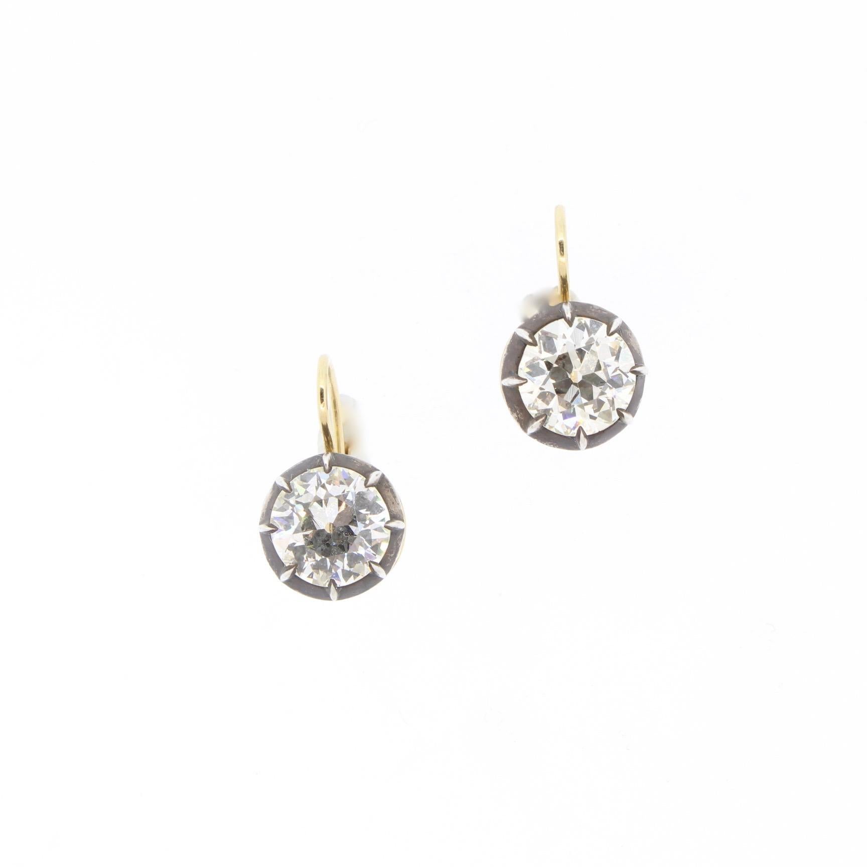 Late Victorian 2.46 and 2.55 Carat Antique Style Old European Cut Diamond Drop Earrings