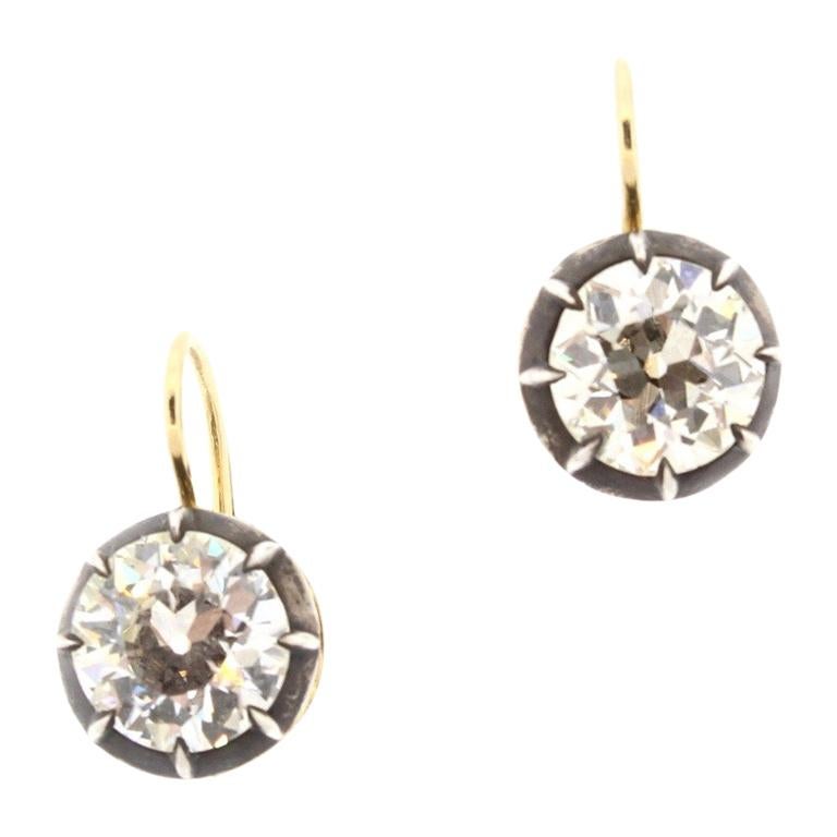2.46 and 2.55 Carat Antique Style Old European Cut Diamond Drop Earrings