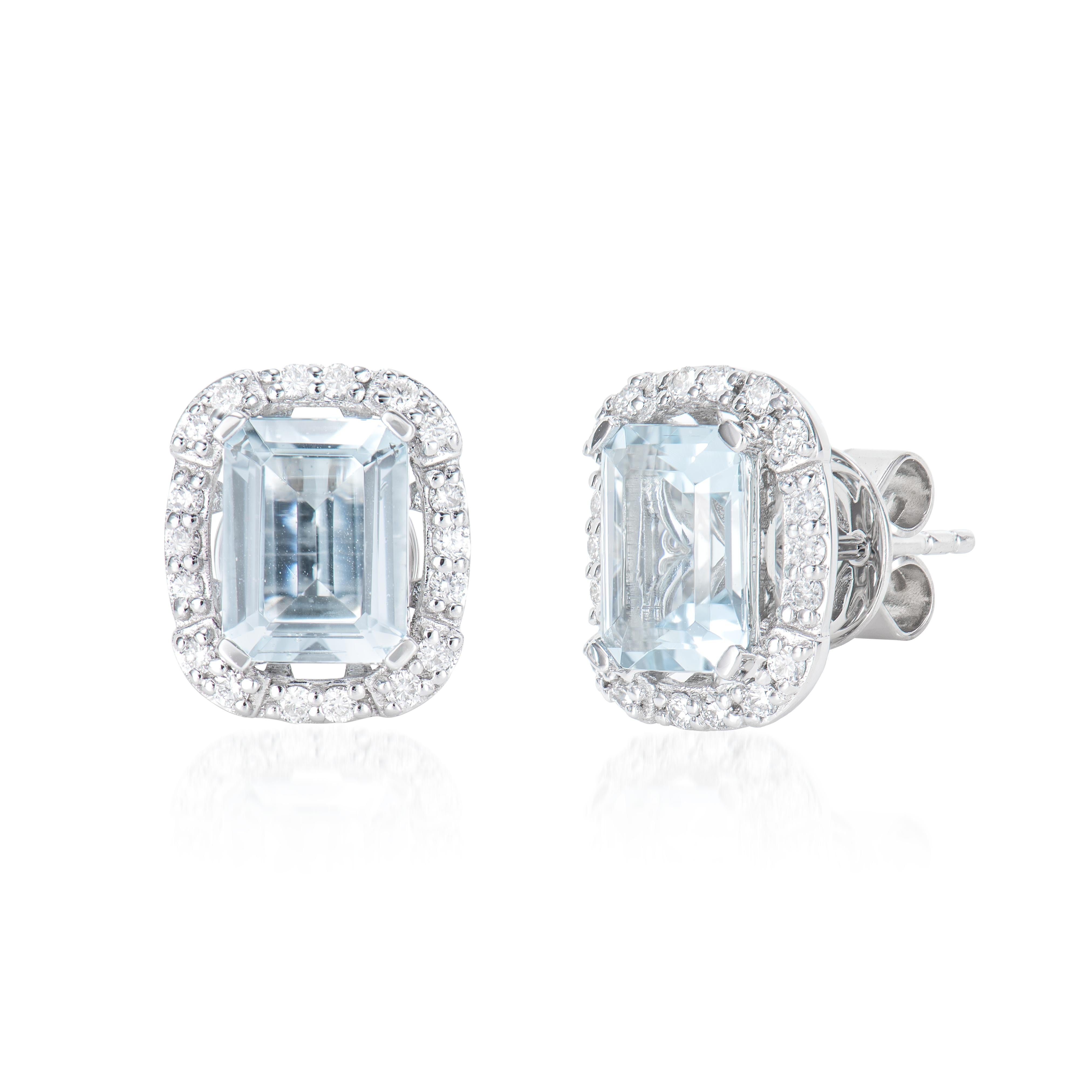 Octagon Cut 2.46 Carat Aquamarine Stud Earrings in 18 Karat White Gold with White Diamond For Sale
