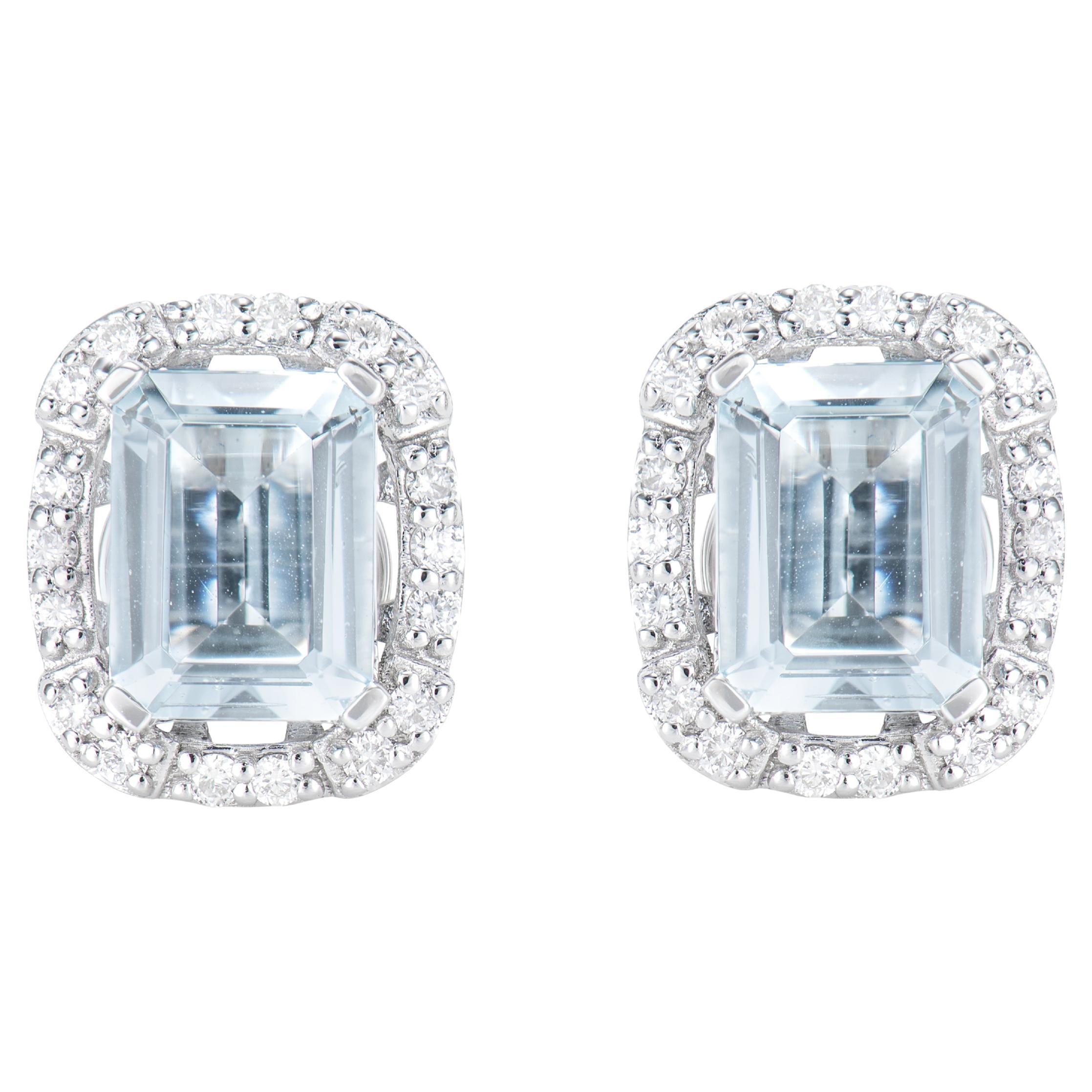 2.46 Carat Aquamarine Stud Earrings in 18 Karat White Gold with White Diamond