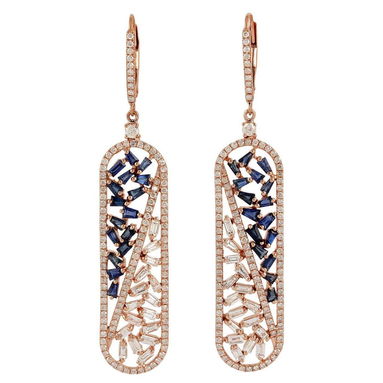 2.46 Carat Baguette Diamond Blue Sapphire 18 Karat Gold Earrings For Sale