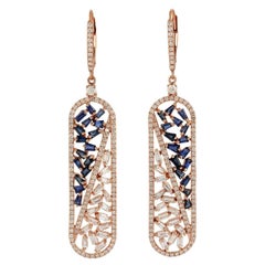 2.46 Carat Baguette Diamond Blue Sapphire 18 Karat Gold Earrings