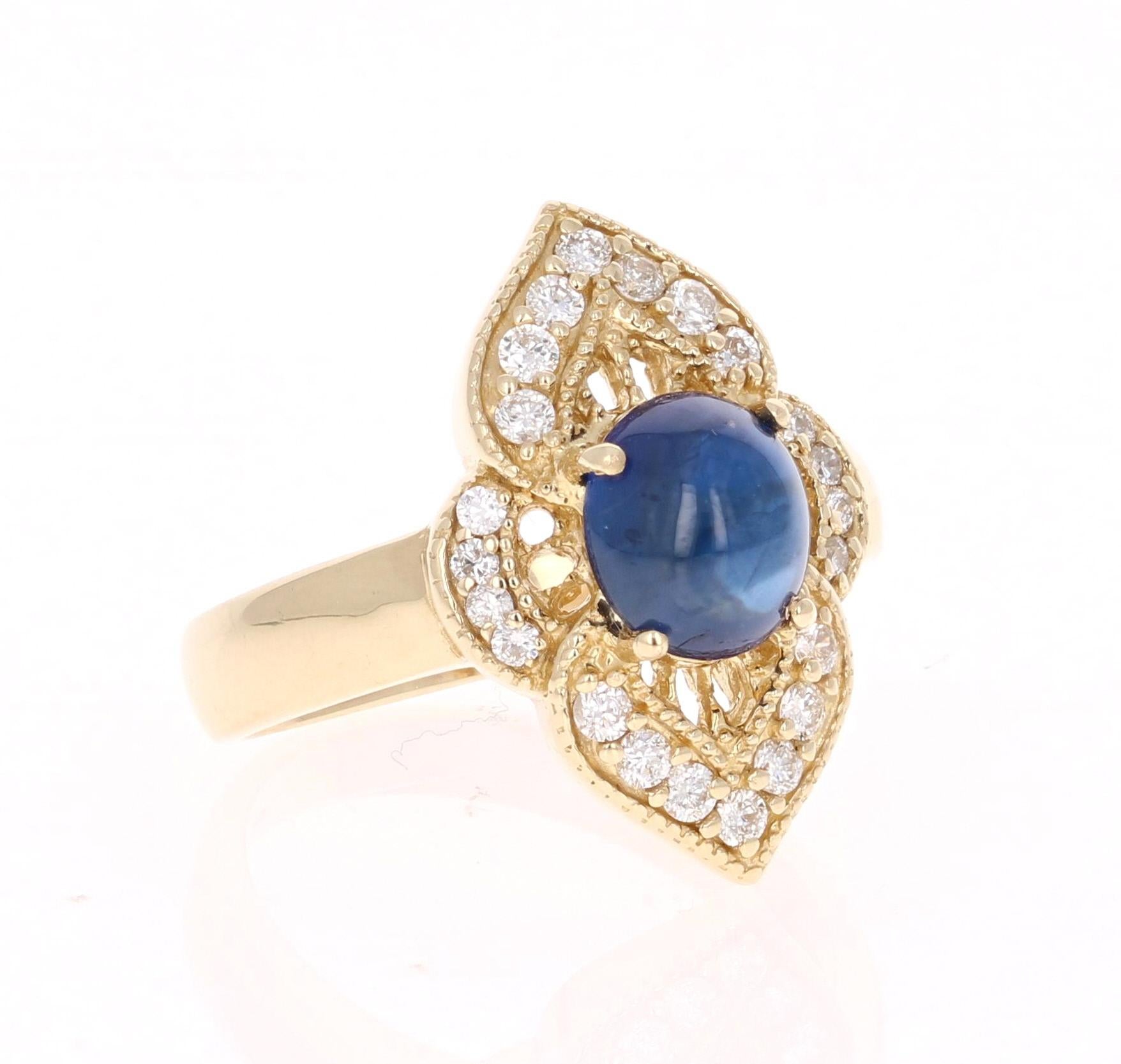 This unique ring is an art-deco inspired ring. It's beauty derives from the Cabochon Blue Sapphire that weighs 2.13 Carats and is surrounded by 22 Round Cut Diamonds weighing 0.33 Carats. The total carat weight is 2.46 Carats. It is set in 14K
