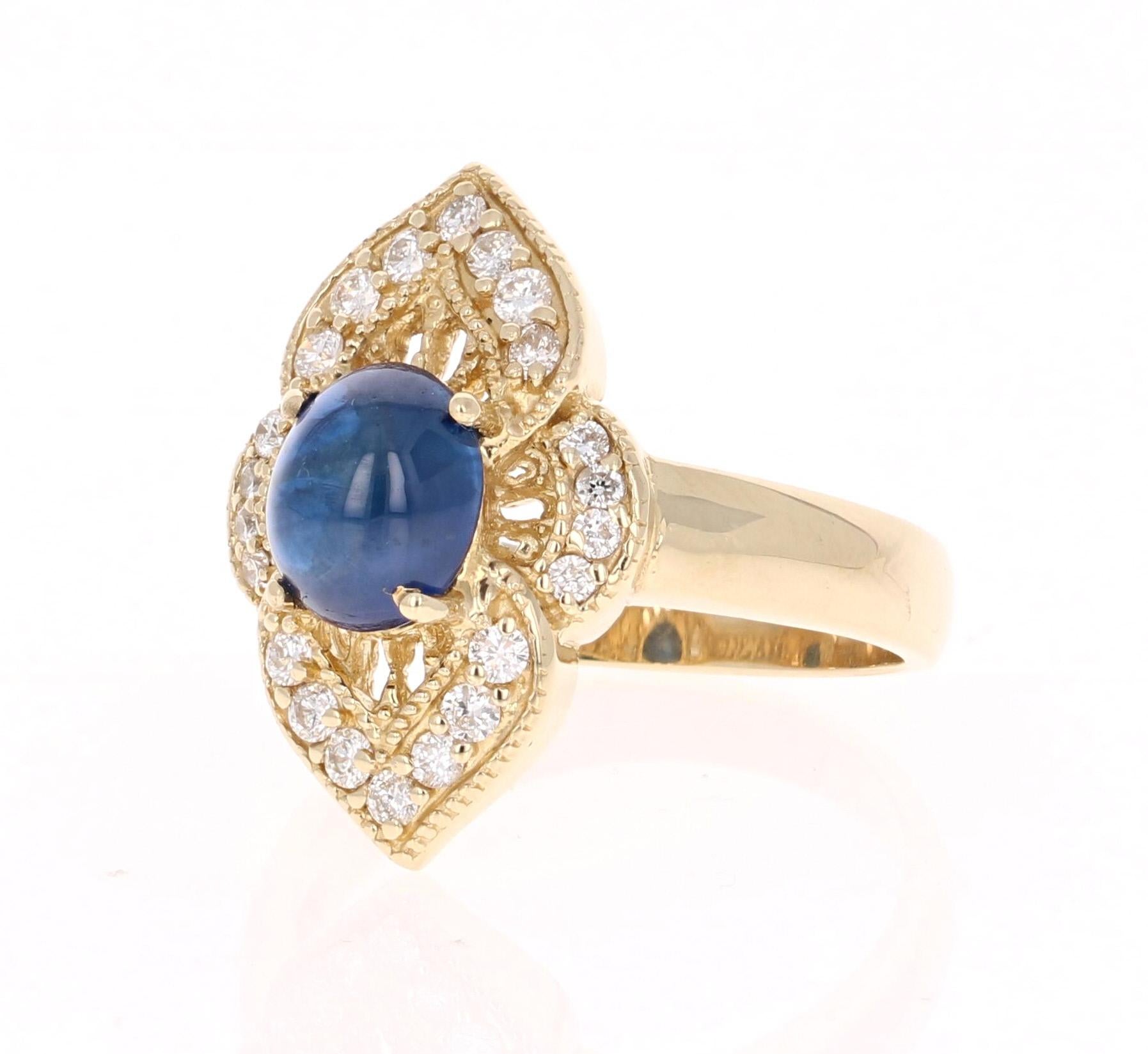 Art Deco 2.46 Carat Cabochon Sapphire Diamond 14 Karat Gold Ring