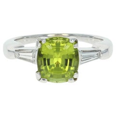 2.46 Carat Custom Cut Cushion Peridot and Diamond Ring, 14 Karat White Gold