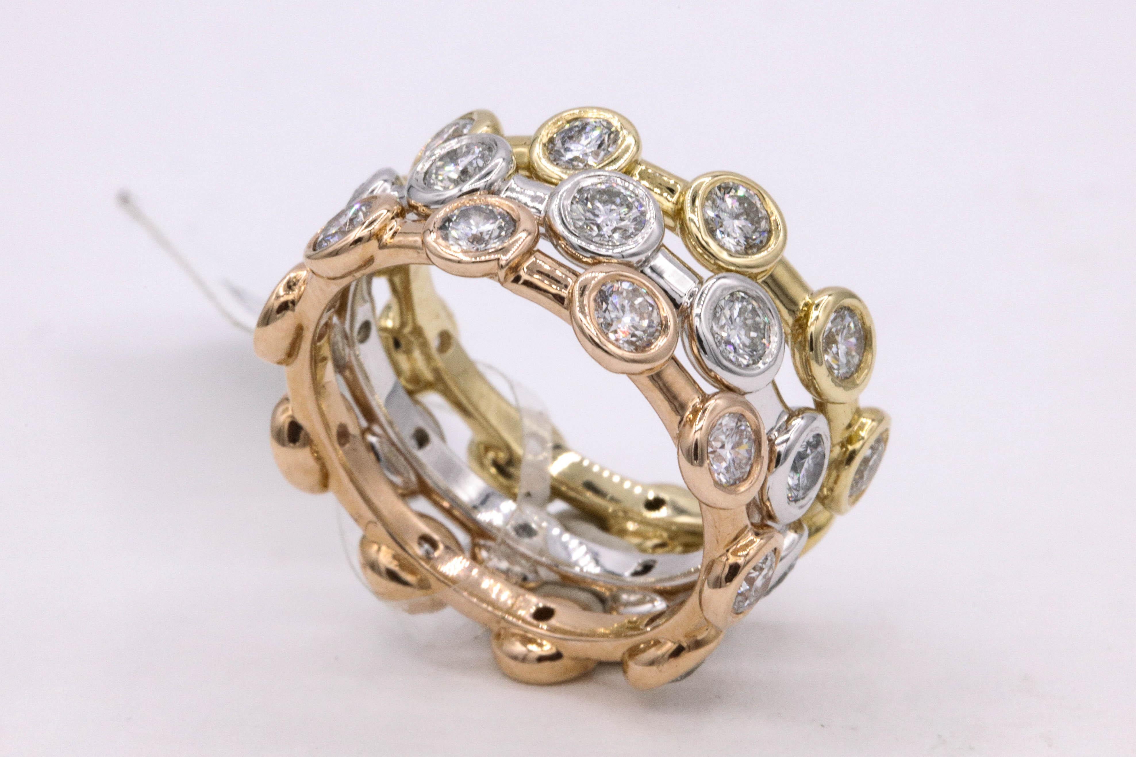 Contemporary 2.46 Carat Diamond Tri-Color Stackable Rings For Sale