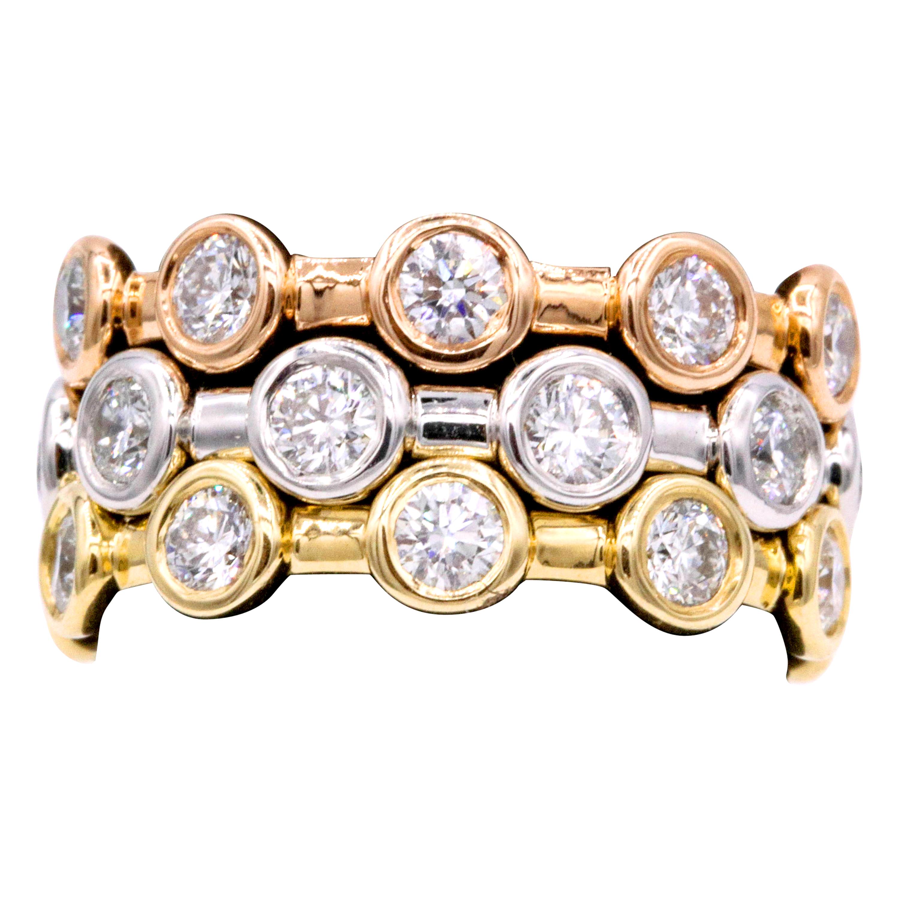 Tri-Color Gold Stackable Bubble Motif Diamond Band Rings 2.46 Carats 