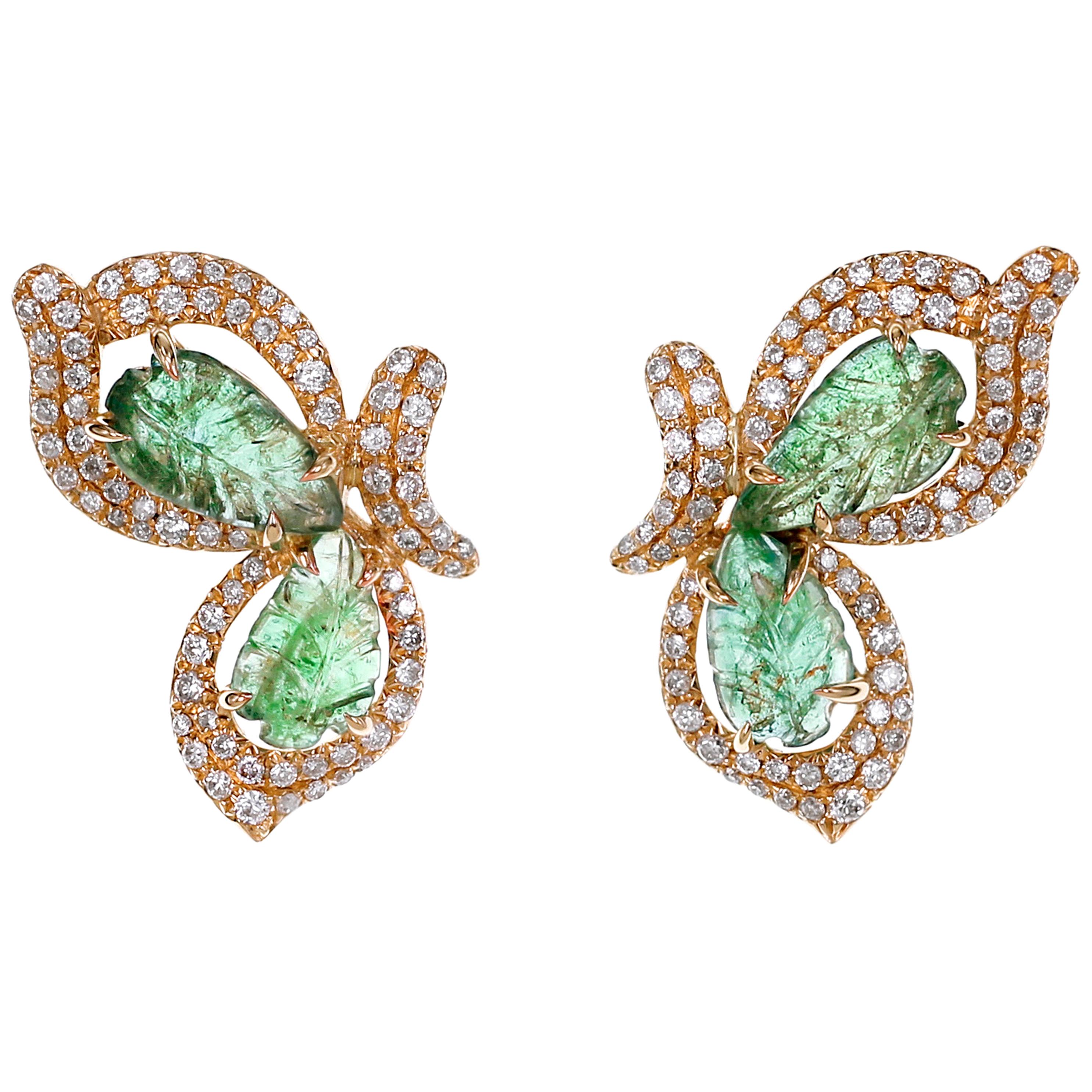 2.46 Carat Emerald Carving and Diamond Stud Earring For Sale