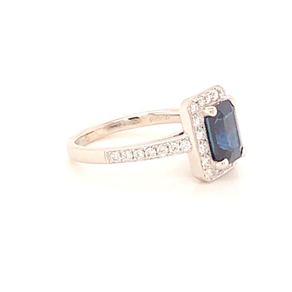 Women's 2.46 Carat Emerald Cut Blue Sapphire and Diamond Ring in Platinum For Sale